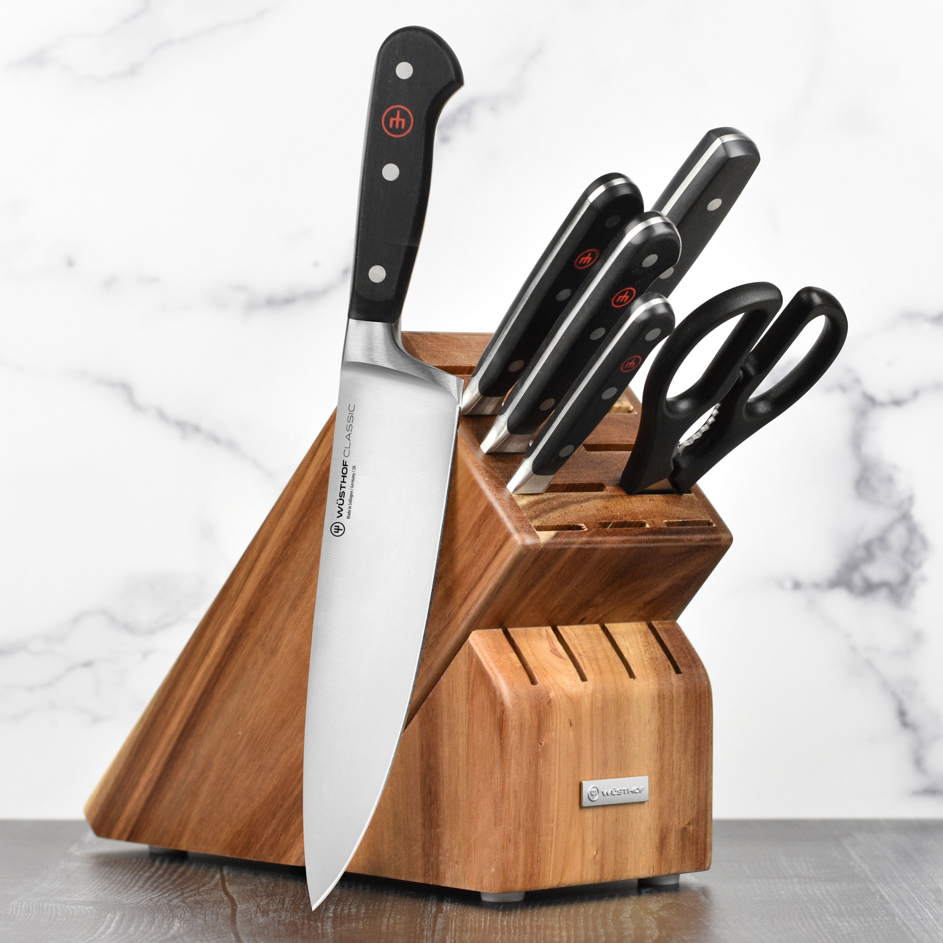 Wusthof Classic knife set in acacia block, showcasing beautifully crafted blades.