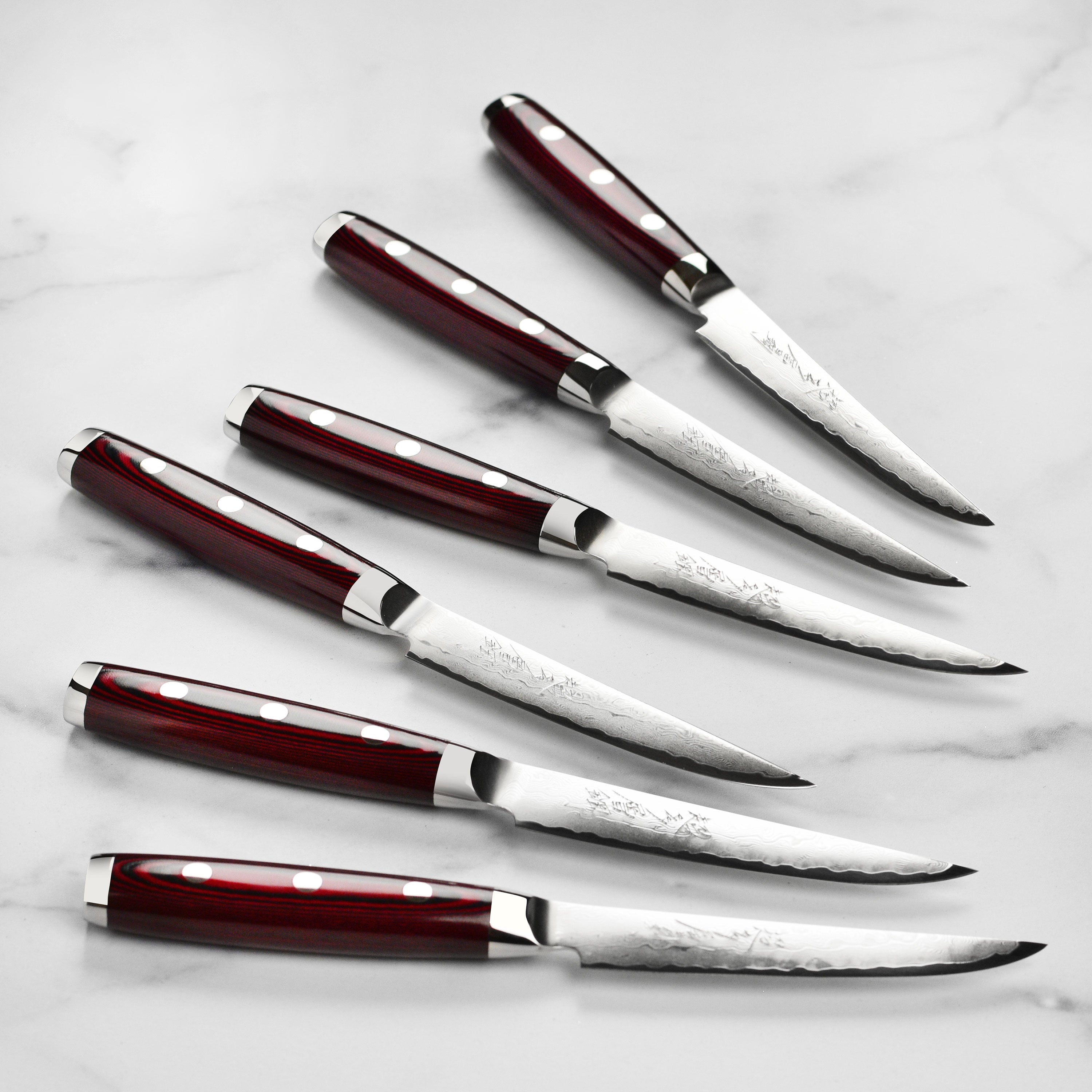 Close-up of Yaxell Super Gou Japanese steak knife blade showing layered steel