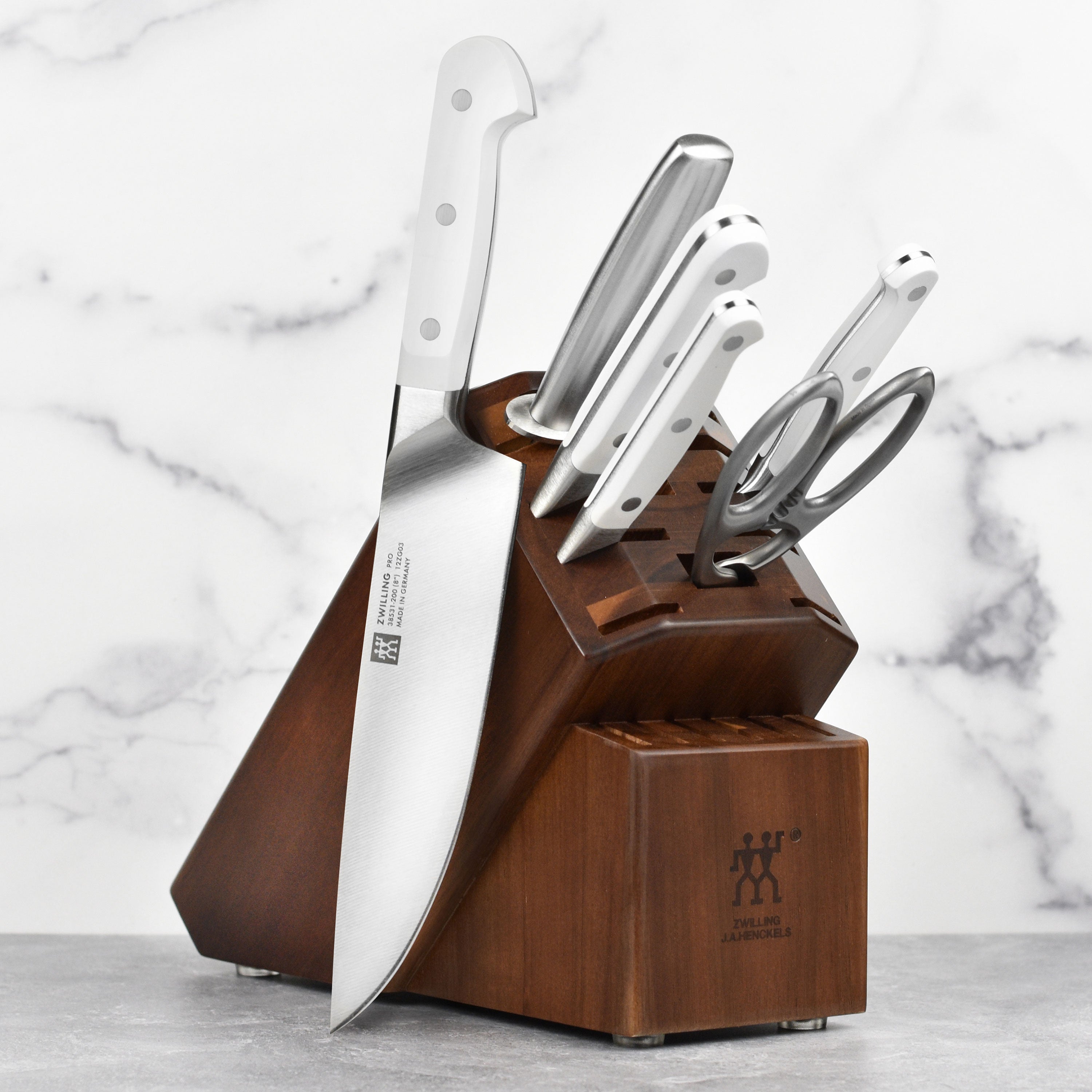Close-up of Zwilling Pro Le Blanc chef knife showcasing high carbon stainless steel blade