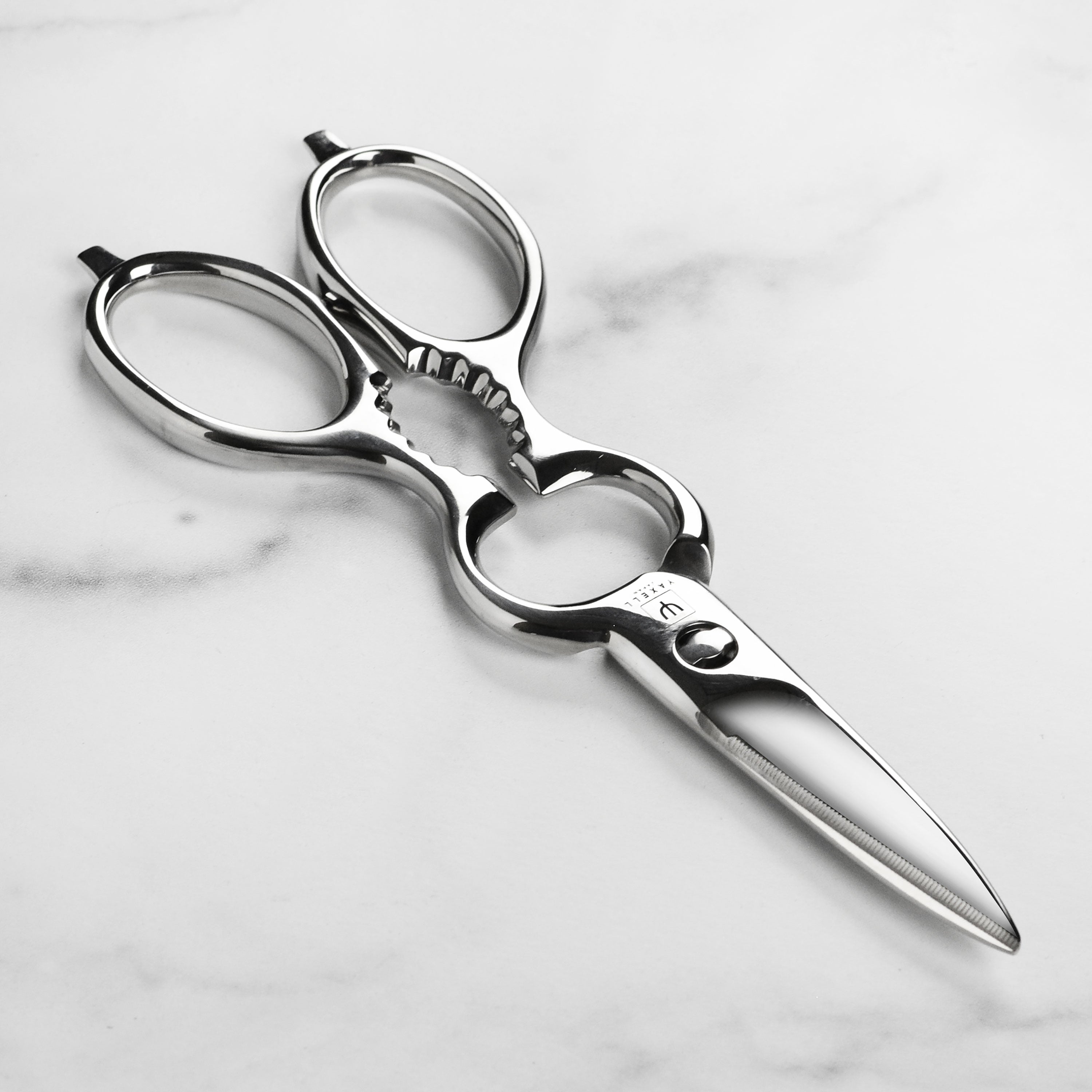 Close-up of stainless steel kitchen shears with mirror finish handles