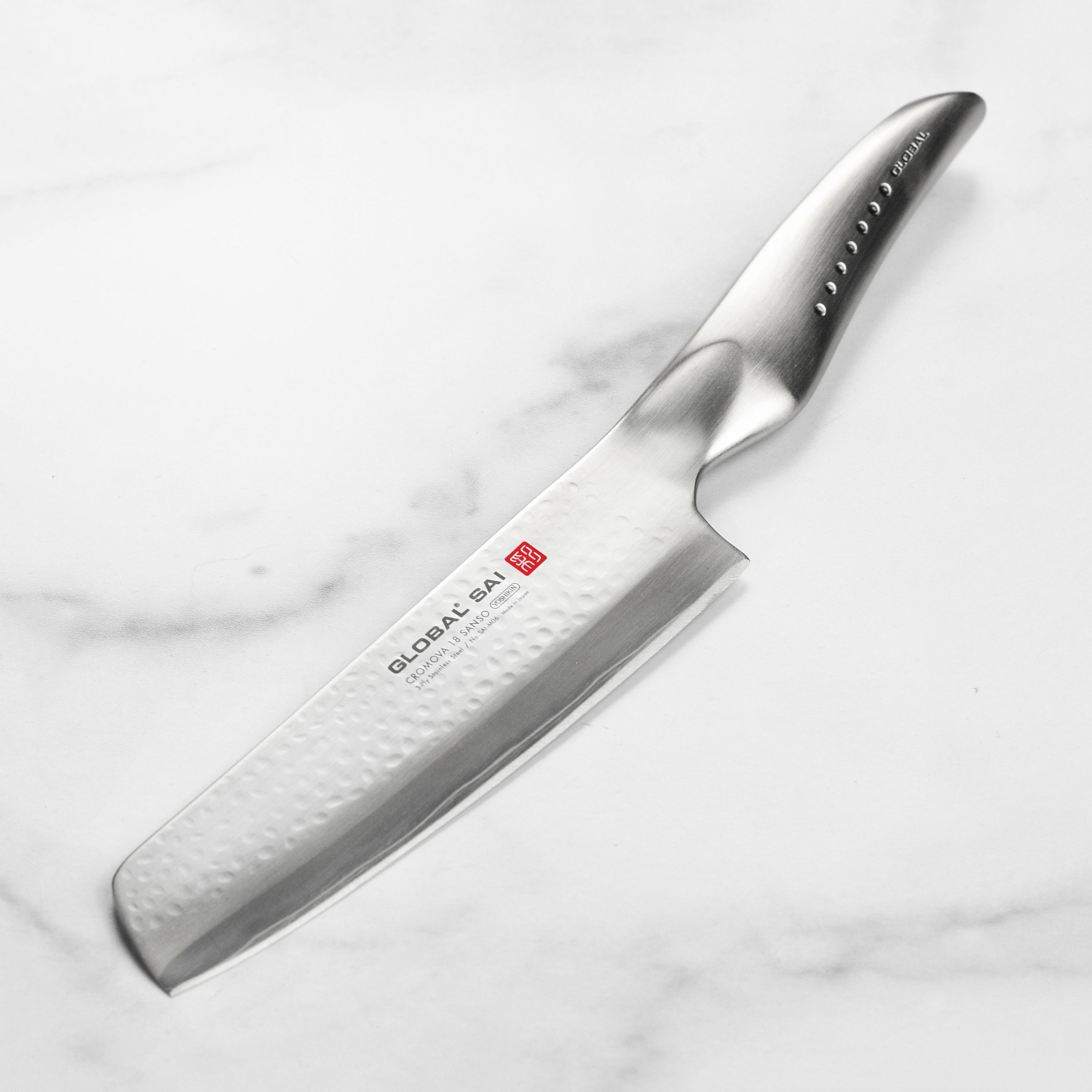 Global Sai Nakiri knife blade with hand-polished edge for precision vegetable slicing