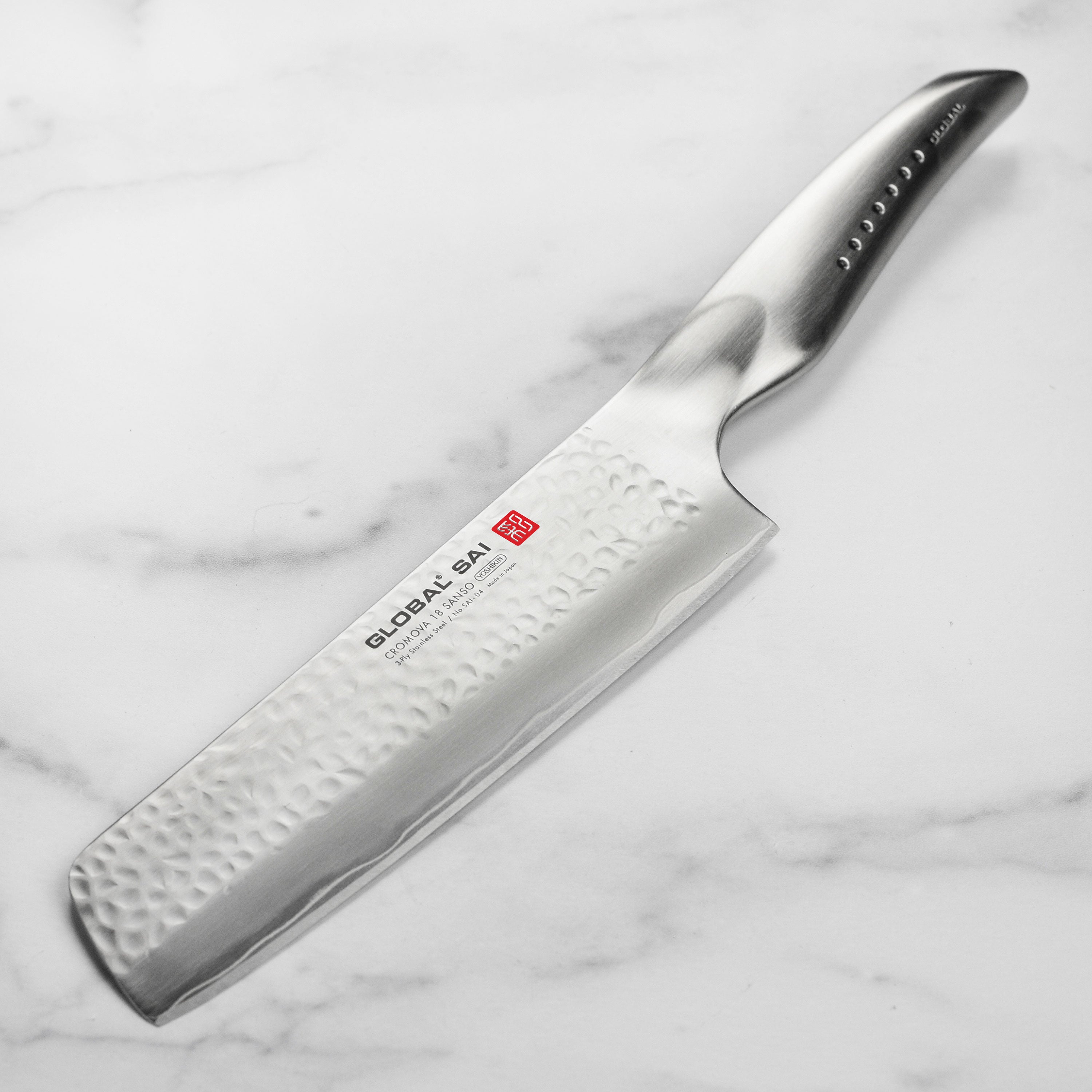 Global Sai 7.5 inch Nakiri Knife with detailed blade close-up for vegetable slicing
