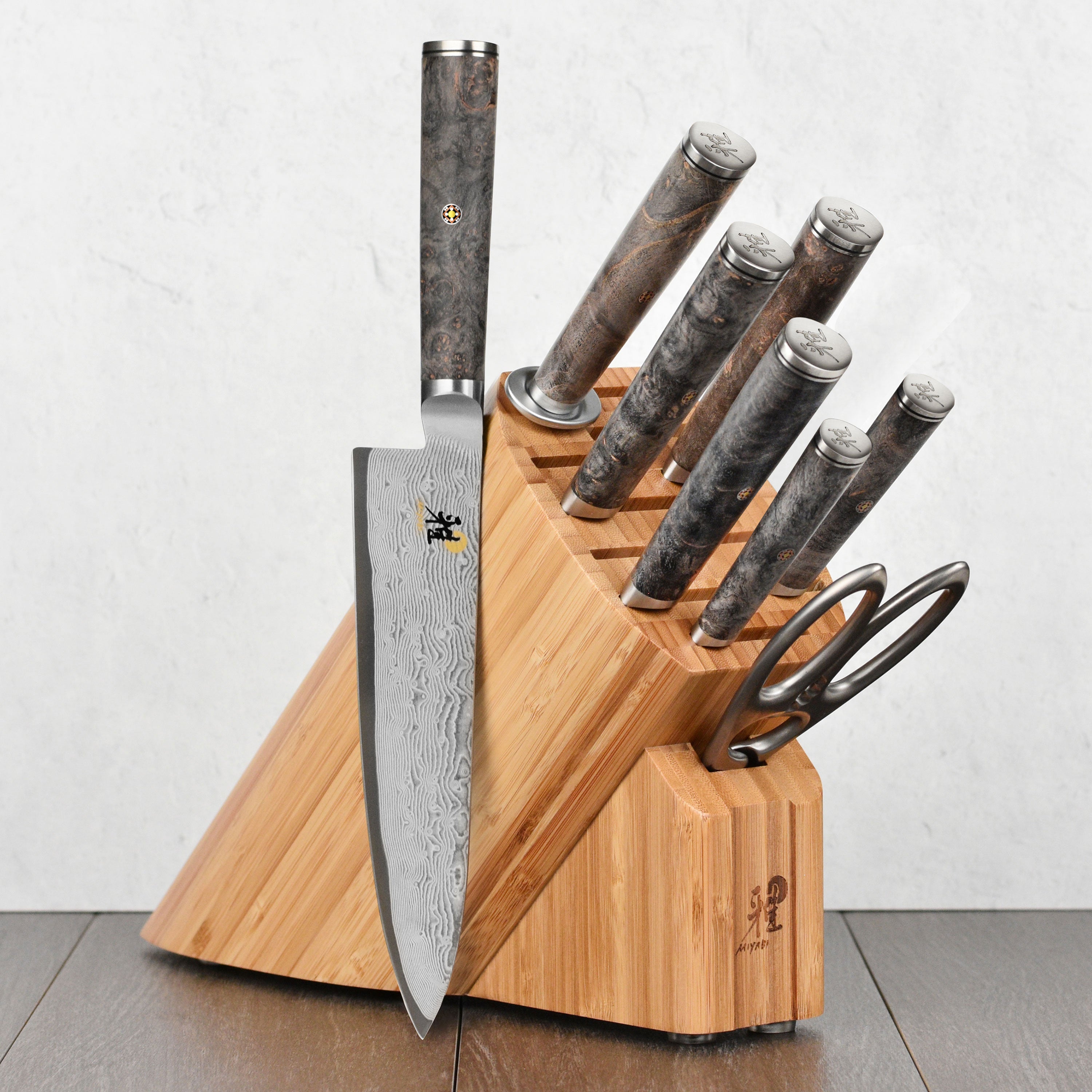 Miyabi Black Elite knife set displayed in a modern kitchen, showcasing the elegant Damascus pattern.