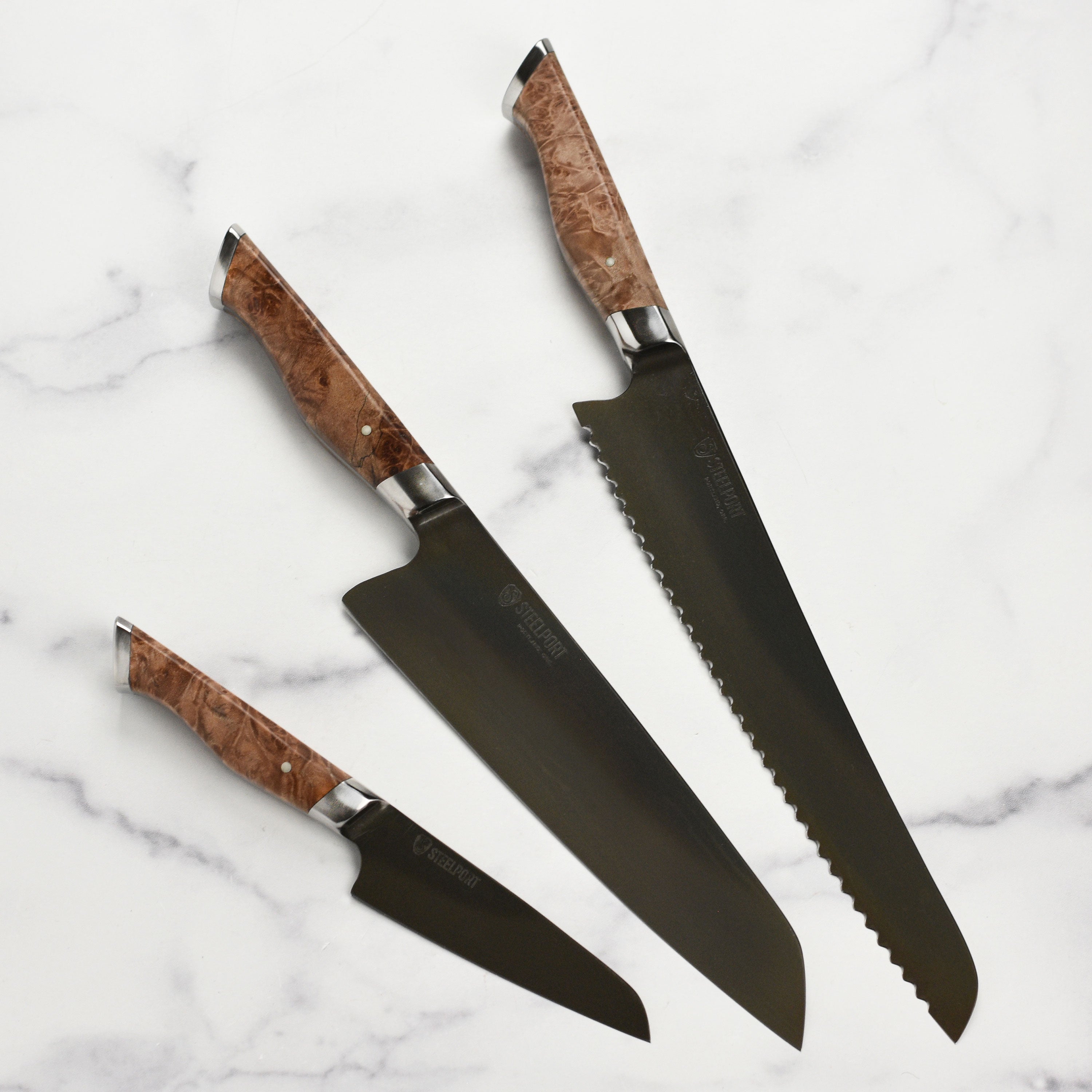 Steelport Carbon Steel Knife Set showcasing the full tang design and sharp blade edge.