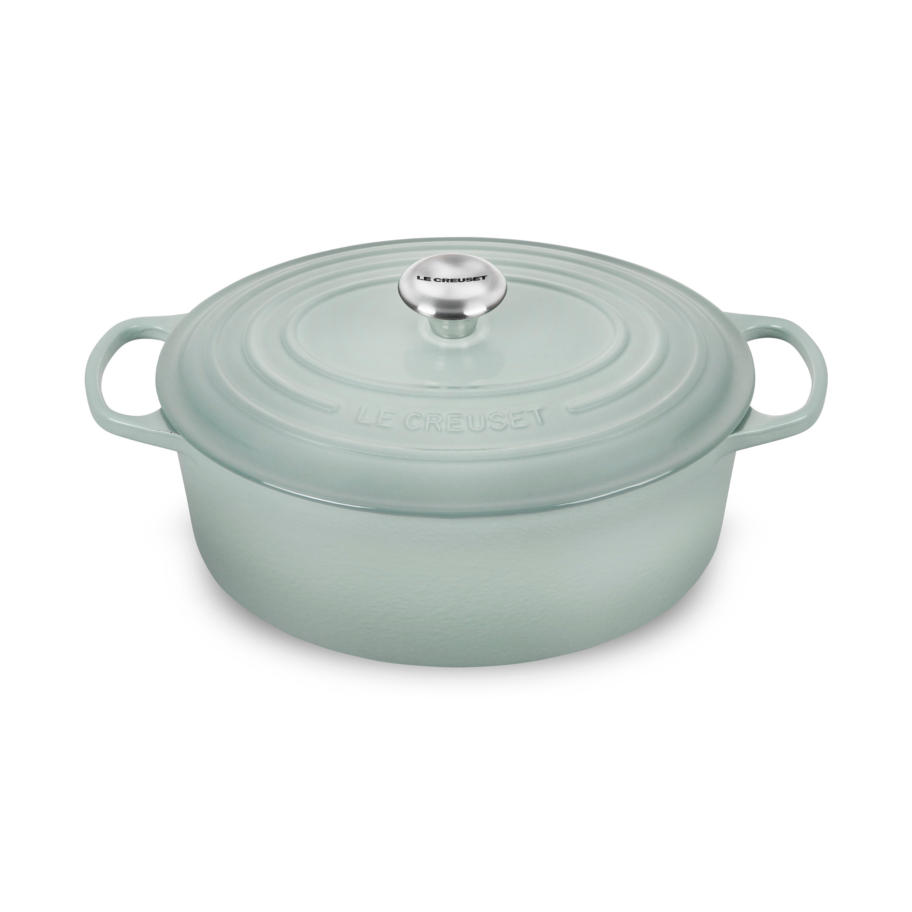 Le Creuset 6.75 quart oval dutch oven in Sea Salt, perfect for roasting meat and baking bread.