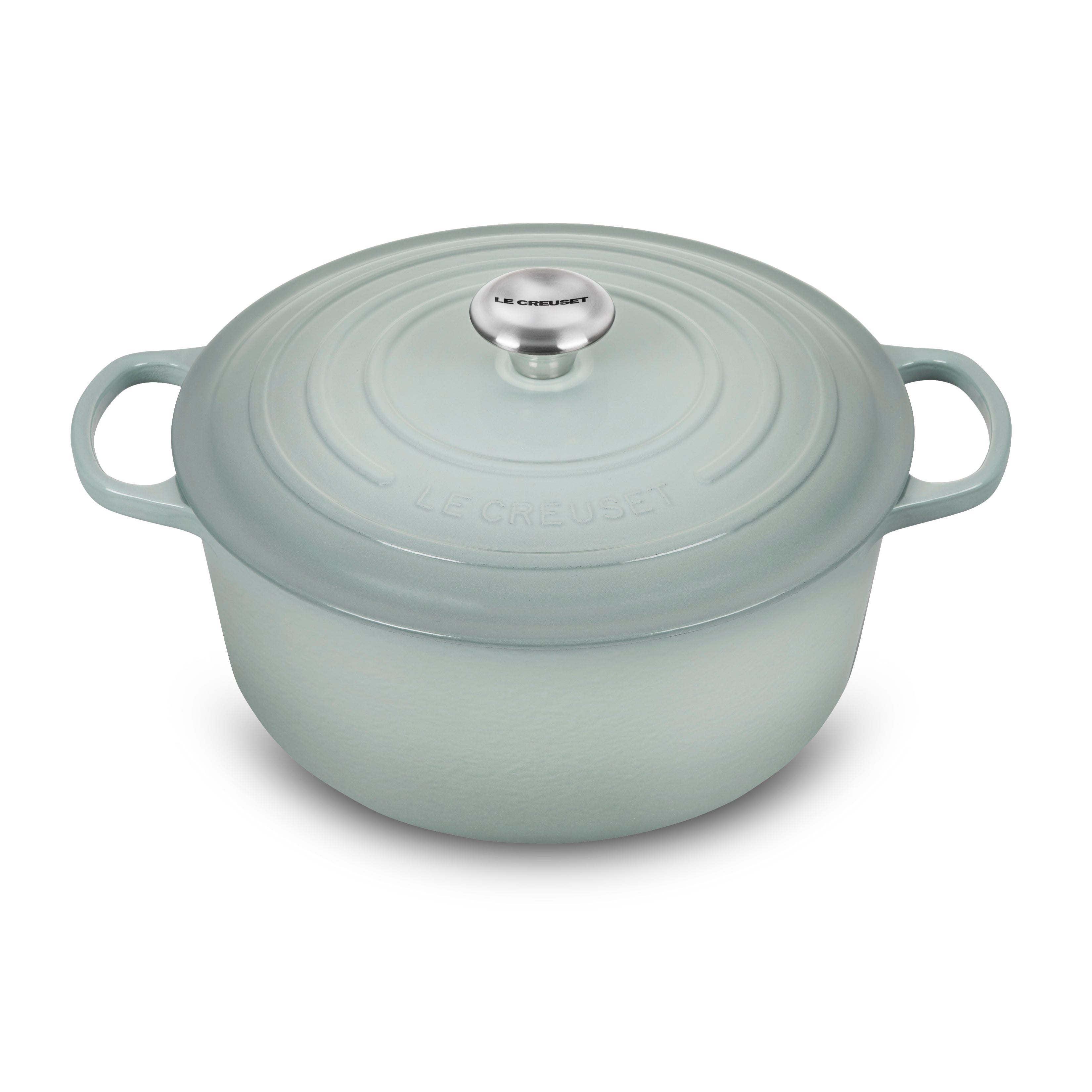 Le Creuset Sea Salt Dutch Oven viewed from the side, showcasing ergonomic handles