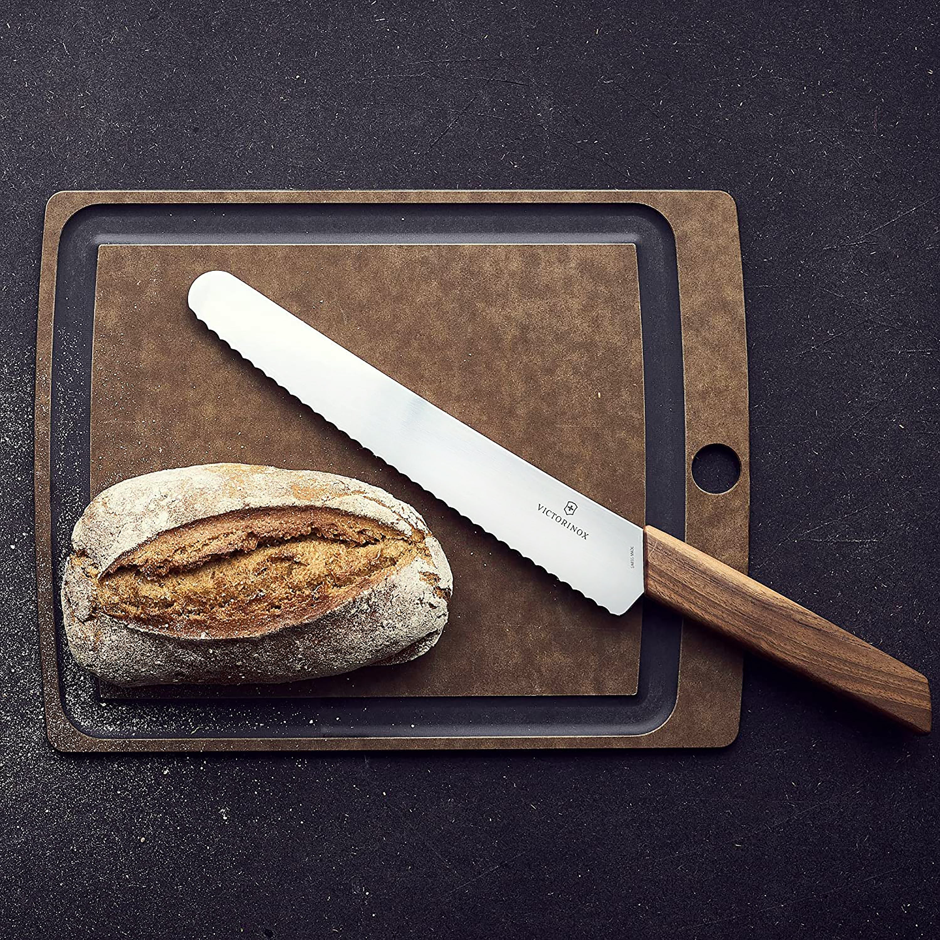 Victorinox Swiss Modern knife set in a wooden block showcasing the sleek design and high-carbon stainless steel blades.