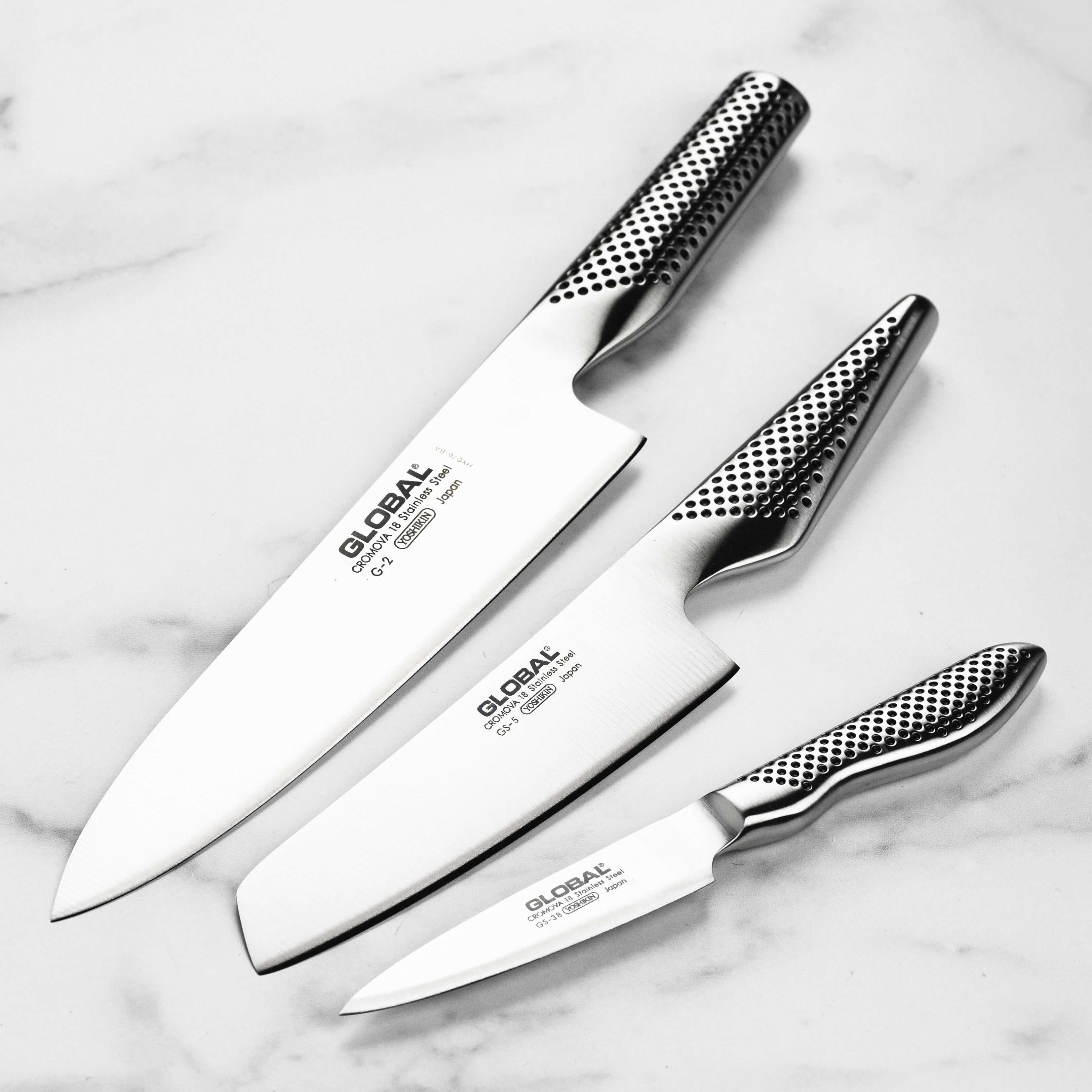 Global 3-Piece Professional Knife Set with high carbon stainless steel blades and ergonomic handles.