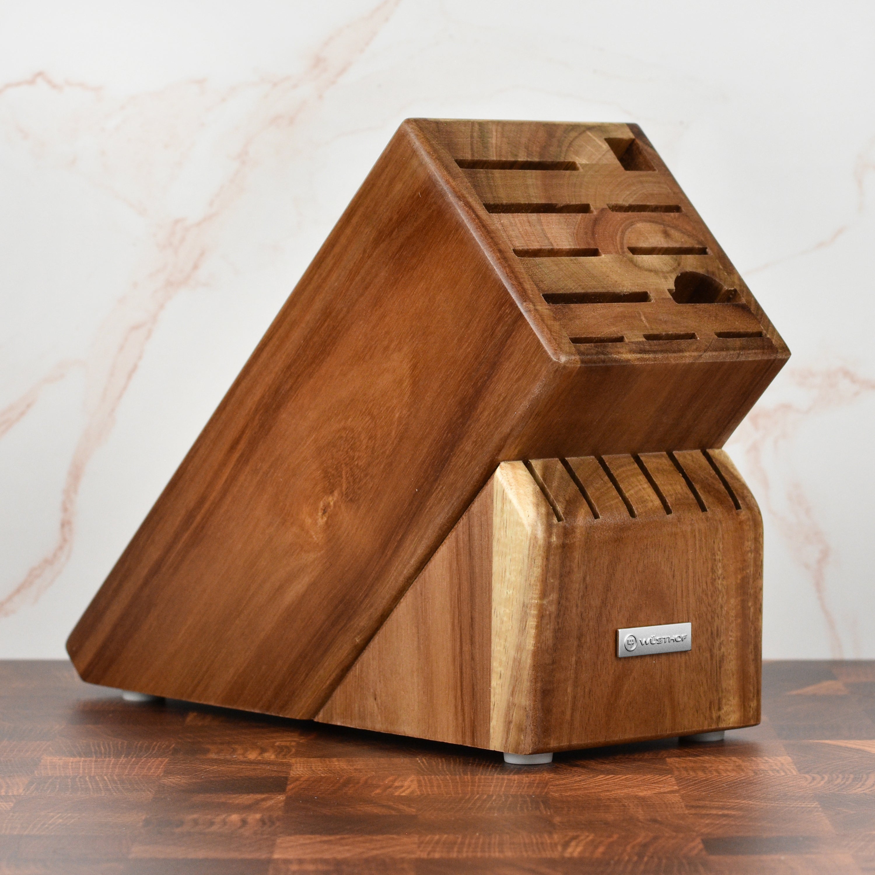 Premium Acacia wood knife block displaying various knives and a sharpening steel.