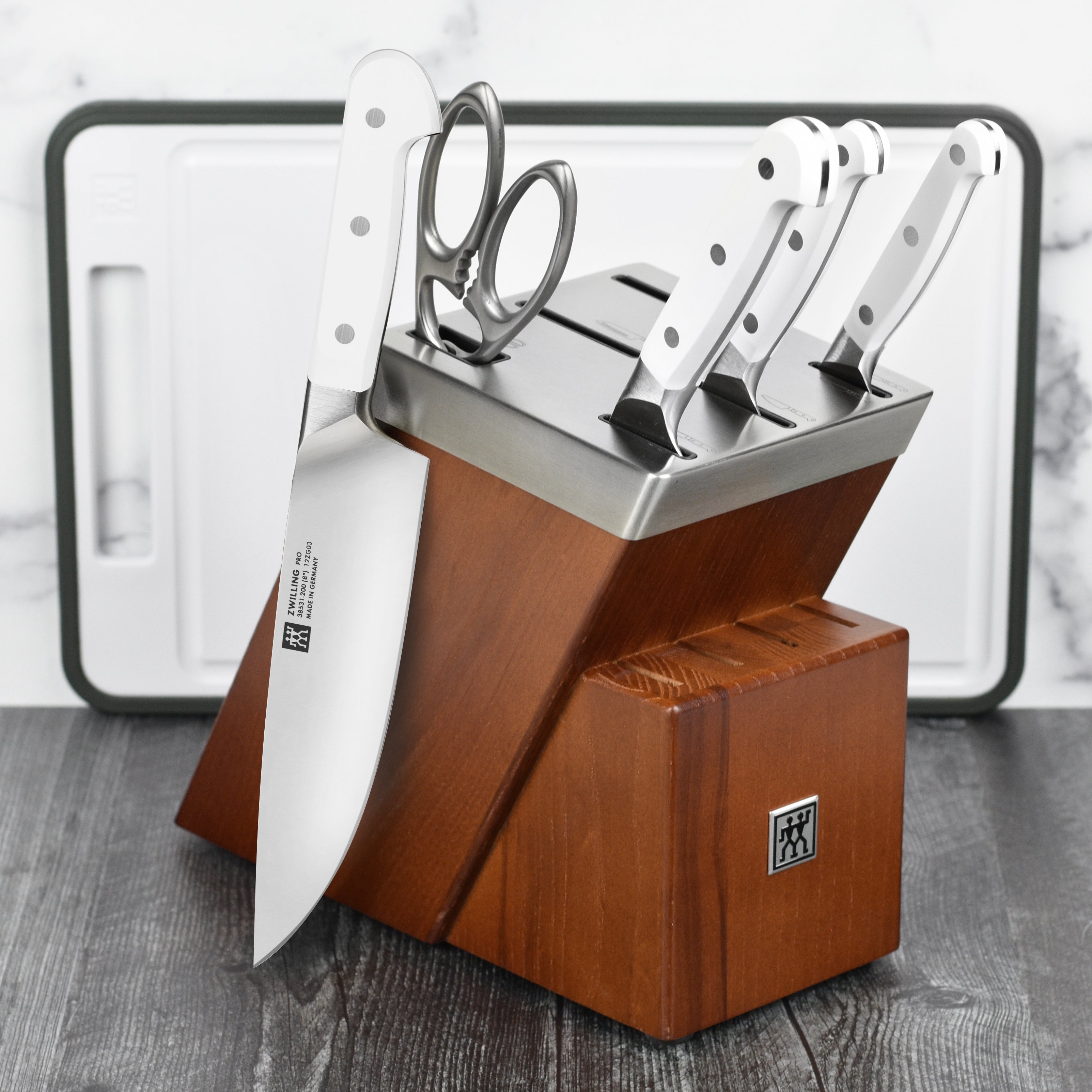 Zwilling Pro knife block set with high carbon stainless steel blades on a kitchen counter.
