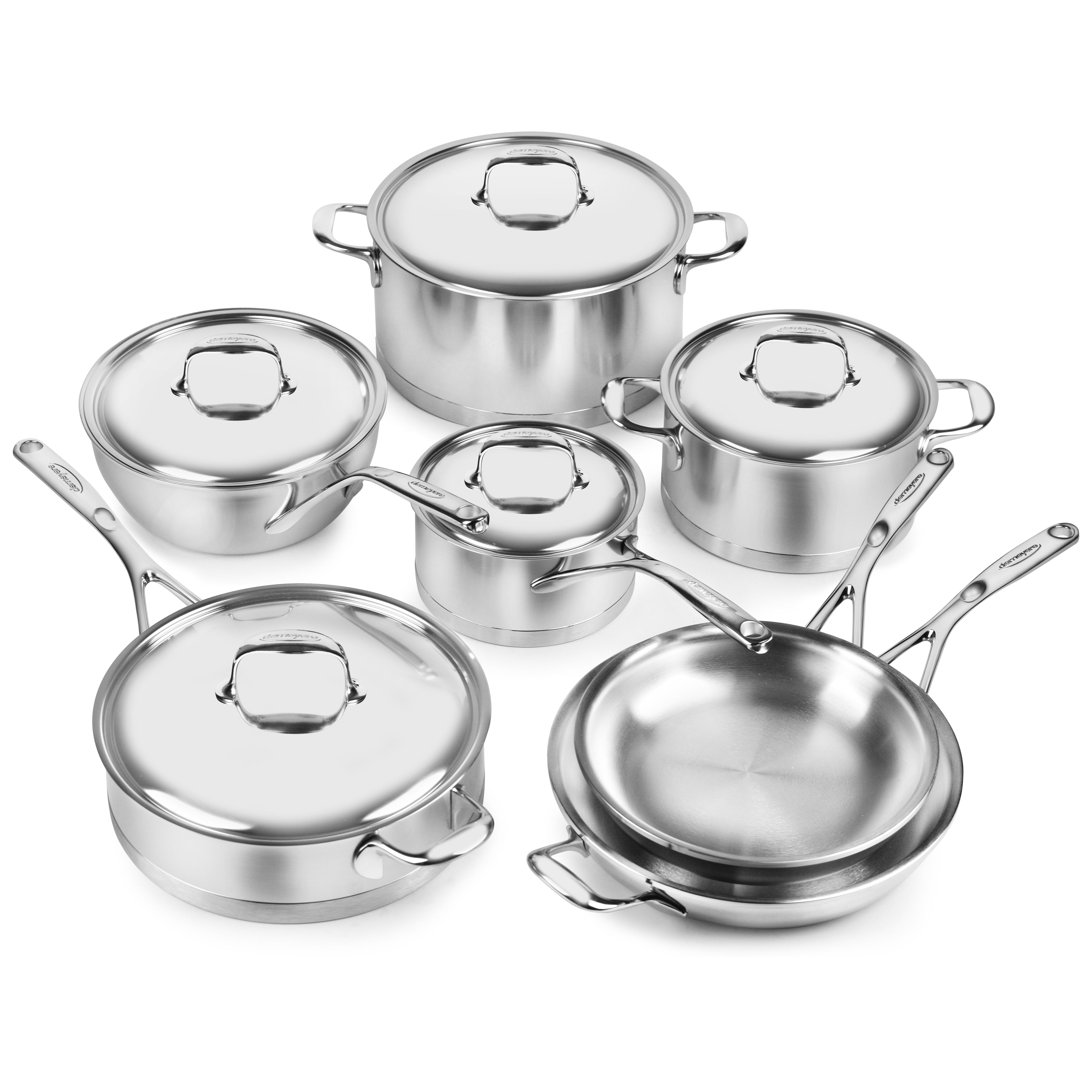 Close-up of Demeyere Atlantis 12-piece stainless steel cookware set on a modern kitchen countertop