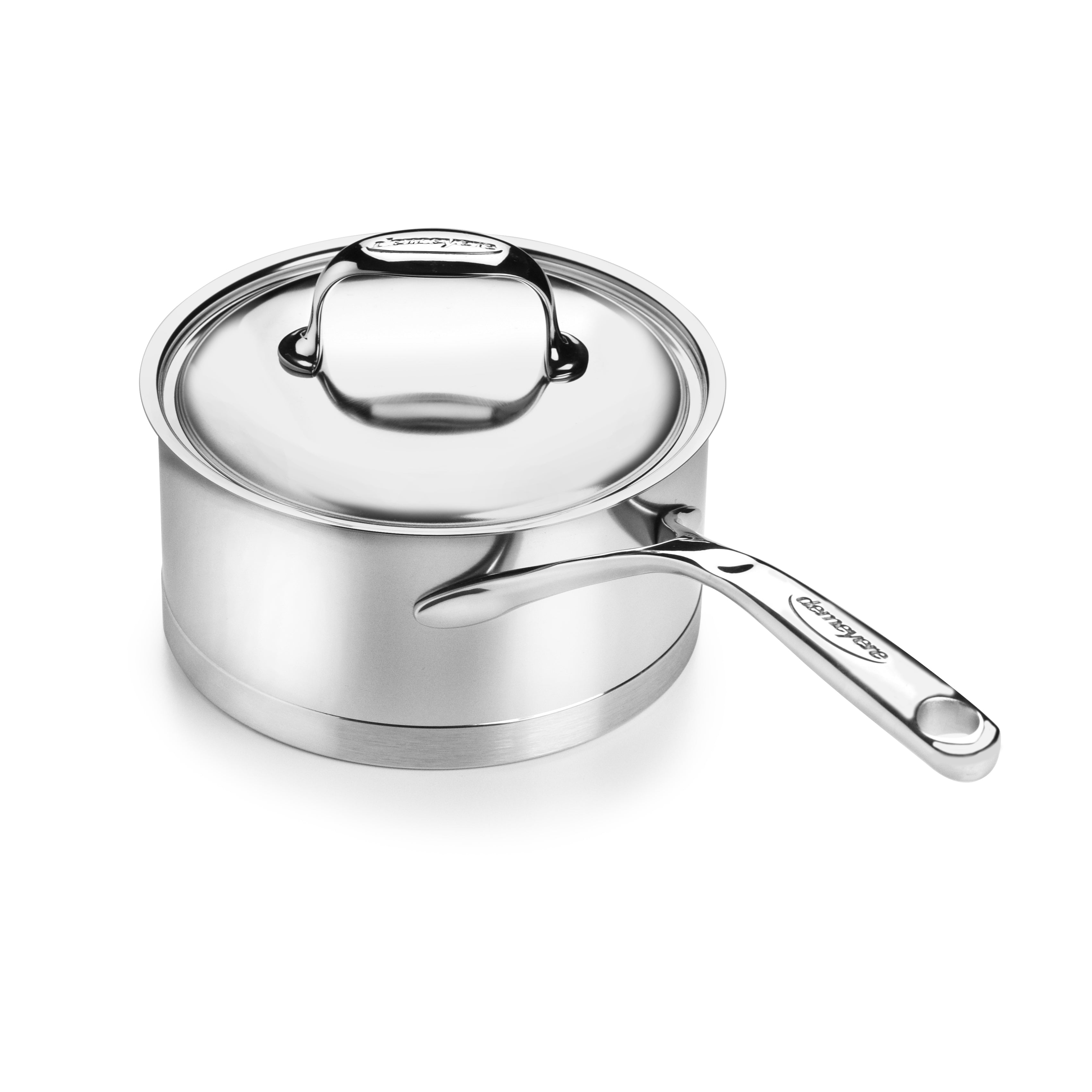 Demeyere Atlantis 2.3-quart saucepan with lid, showcasing its sleek design and 7-ply construction for even heat distribution.