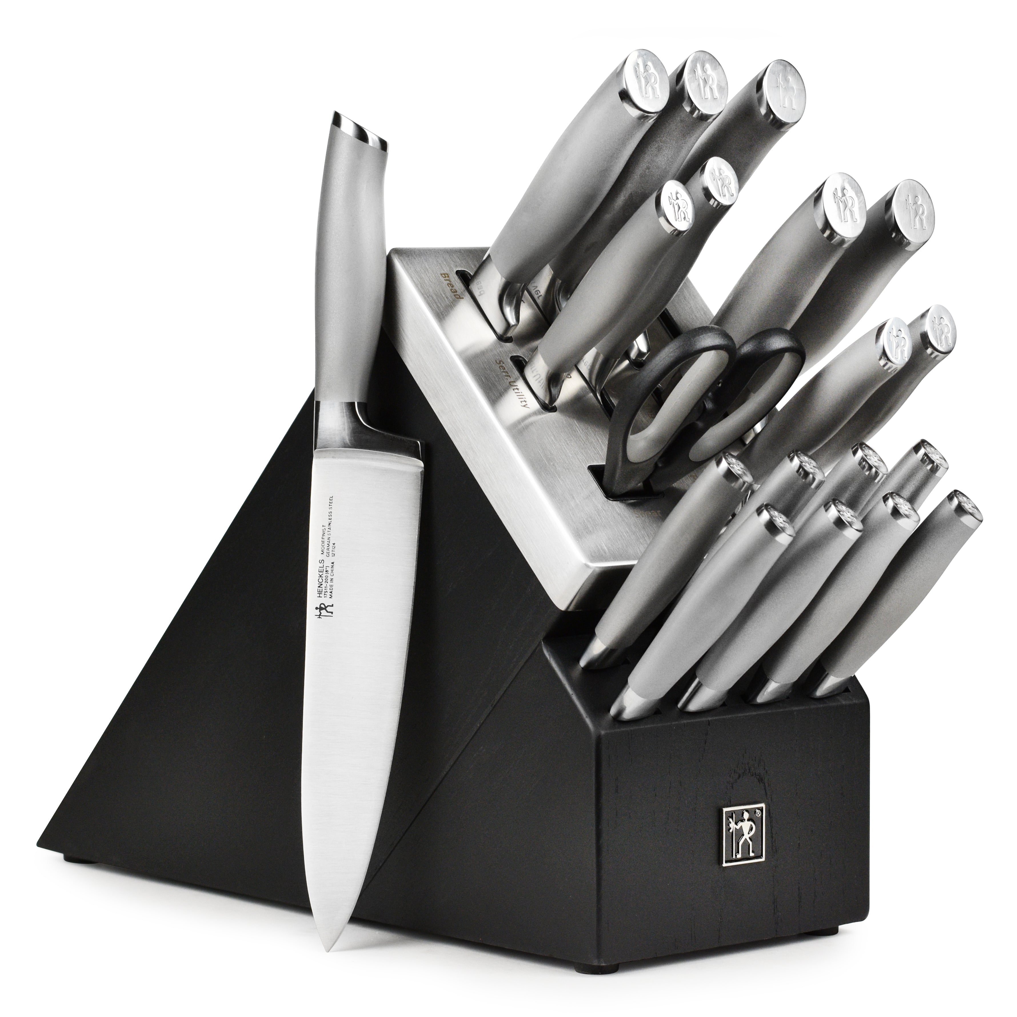 Close-up of the elite German stainless steel knife block set showcasing the polished blades and ergonomic handles.