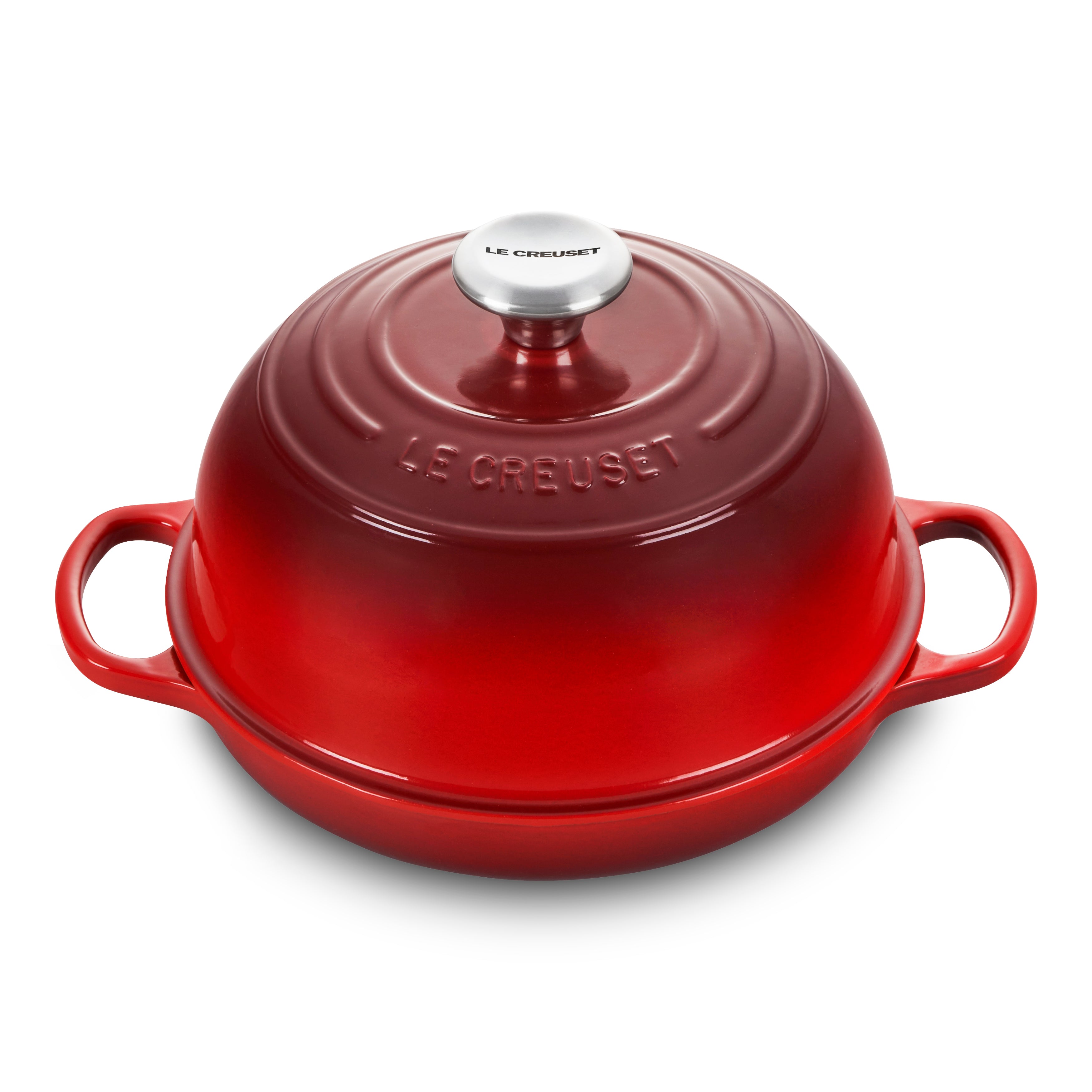 Overhead view of Le Creuset Cerise Bread Oven with lid on—ideal bread baking dish for home bakers.