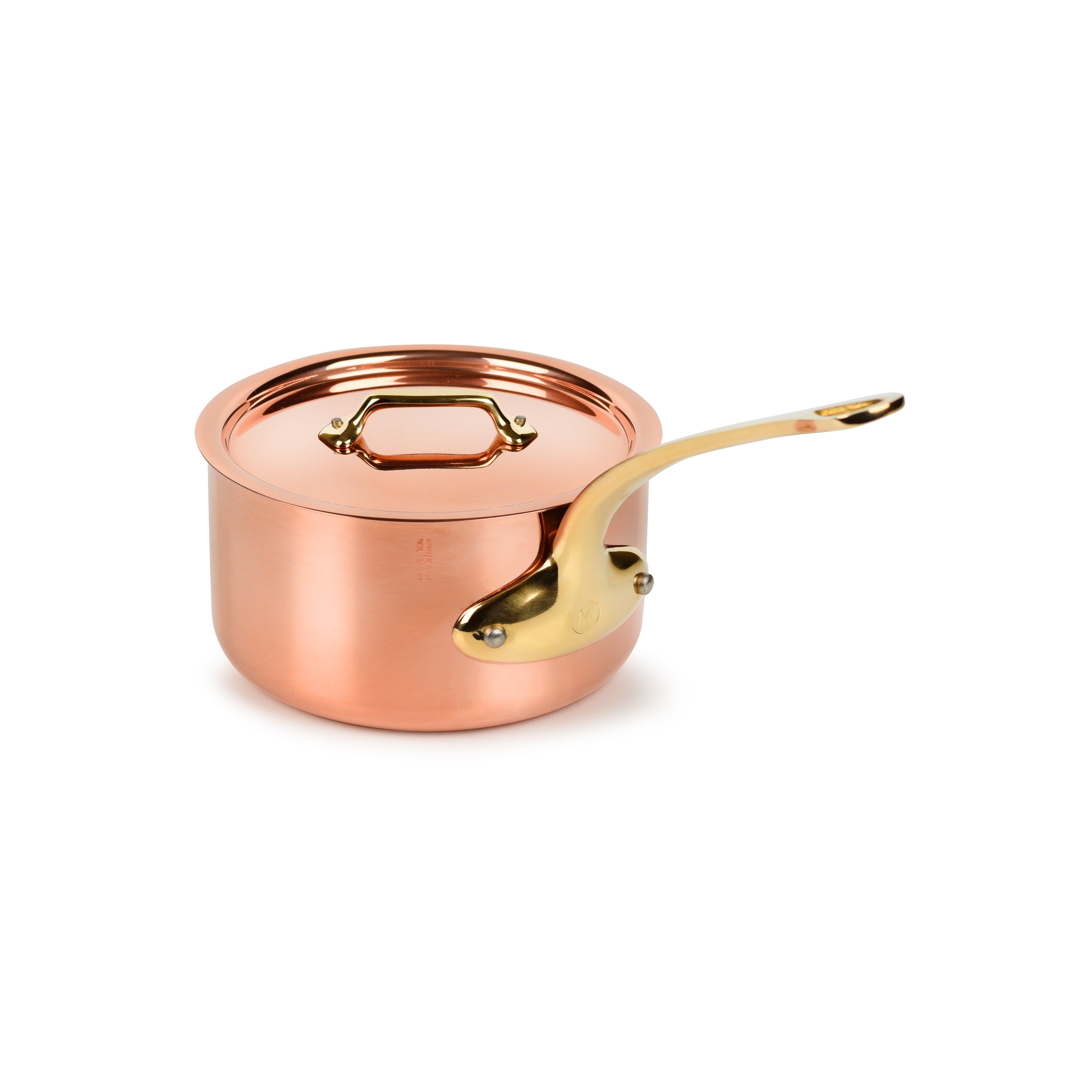 Mauviel M200B copper saucepan showcasing its polished finish and bronze handle from a side angle.