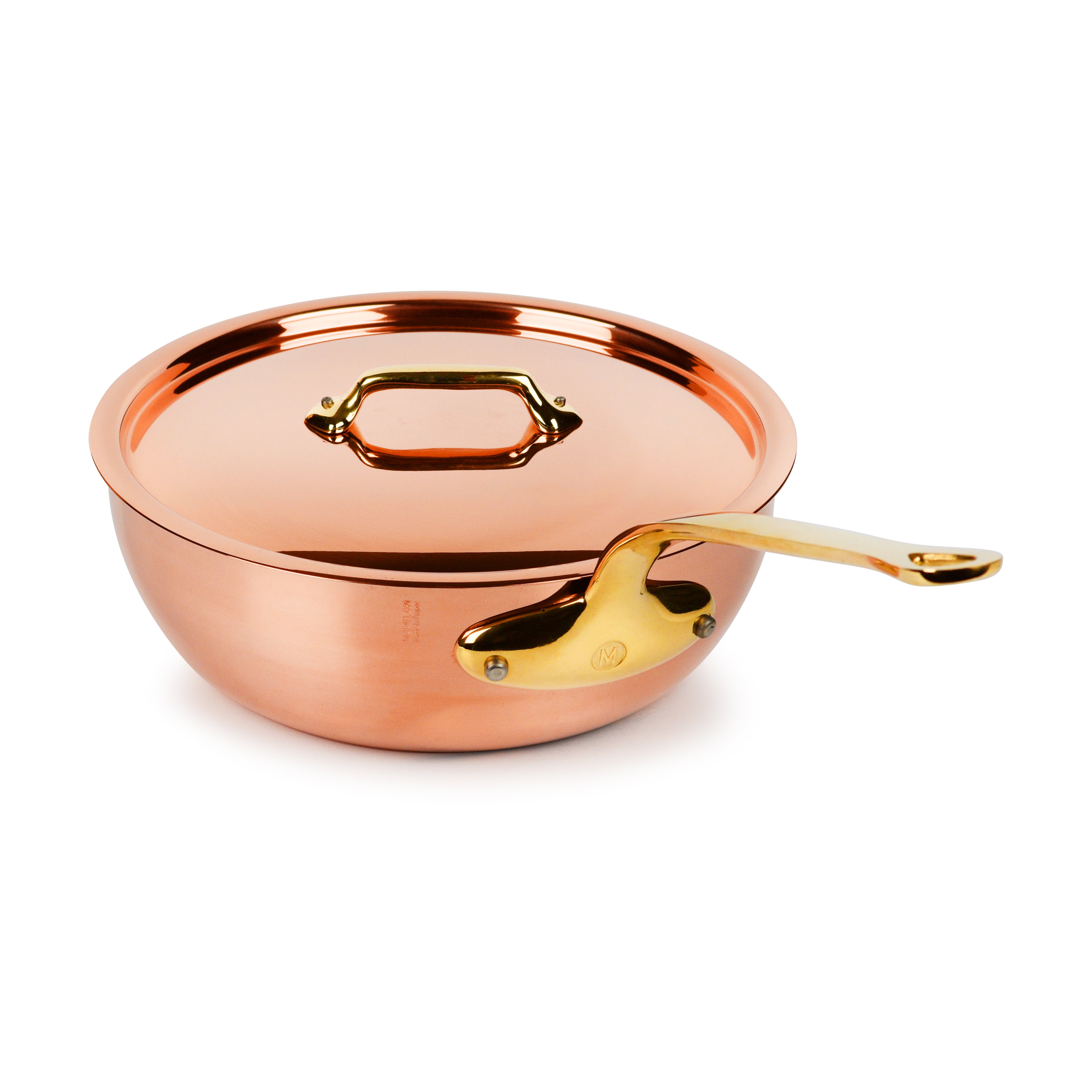 Mauviel M200B copper saucier showcasing its bronze handle and stainless steel rivets.