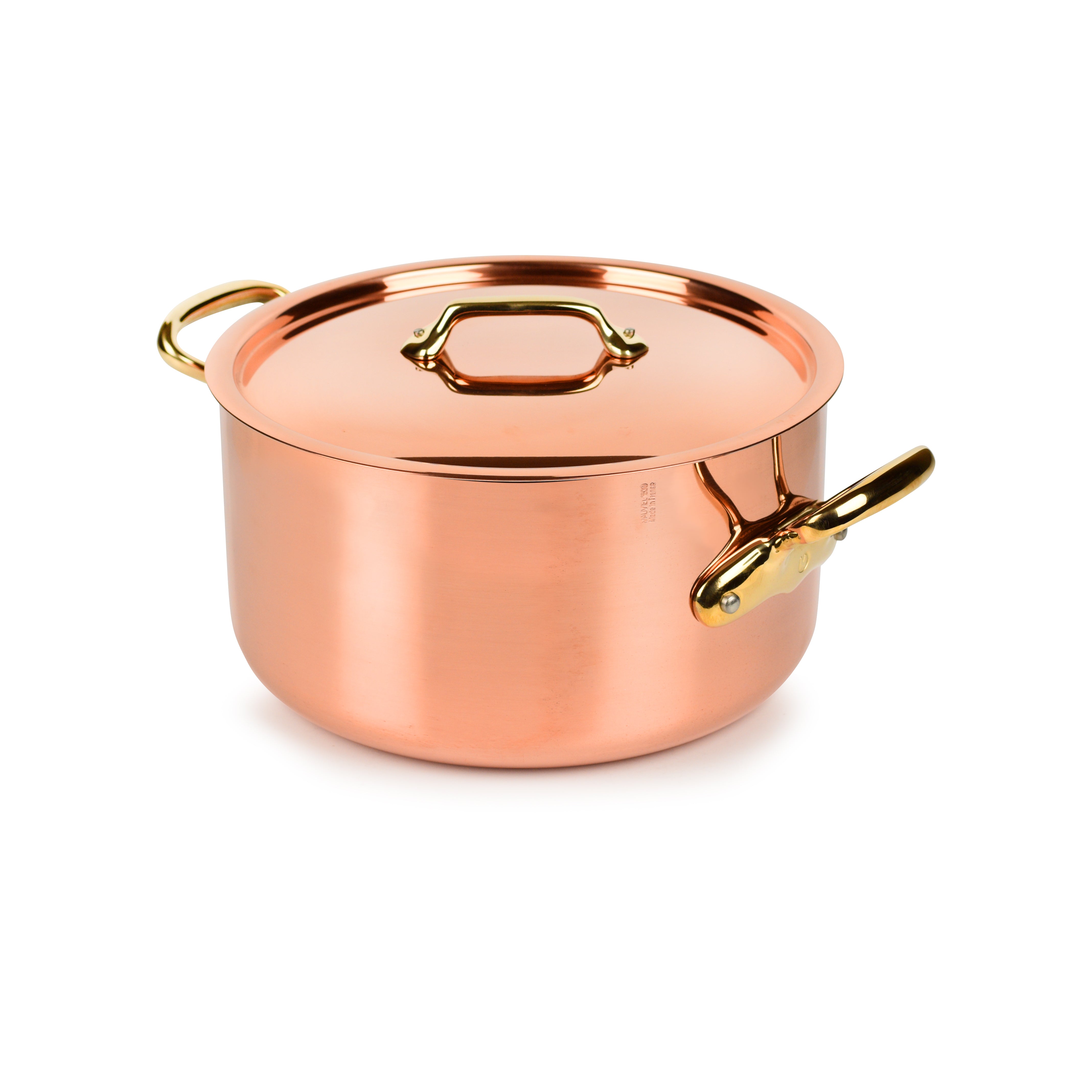 Mauviel Copper Master 6.3-quart stock pot with lid, showcasing its elegant design and bronze handle.