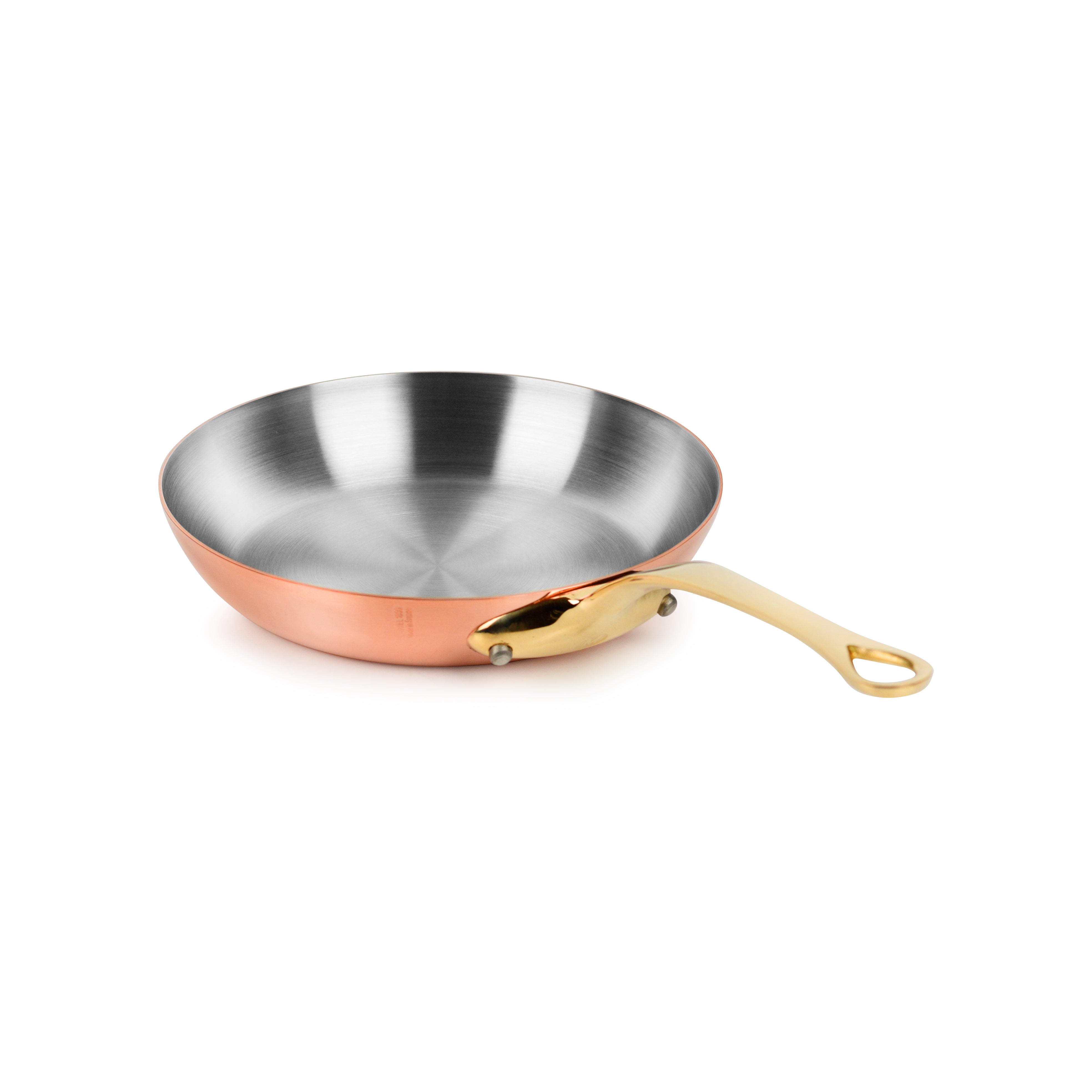 Mauviel M200B copper skillet from the side showing the bronze handle