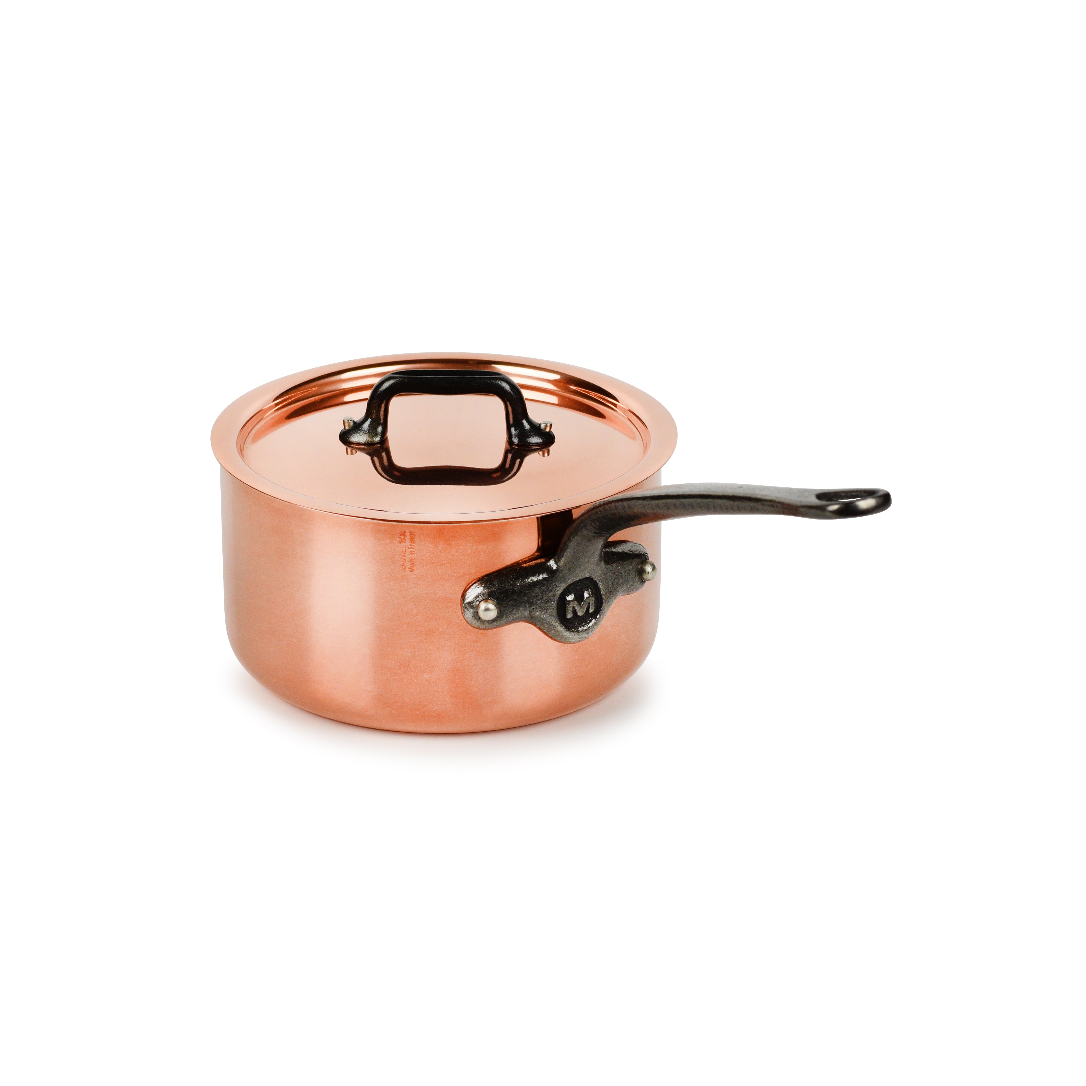 Mauviel M200Ci copper saucepan viewed from the side, showcasing its shiny finish and sturdy handle.
