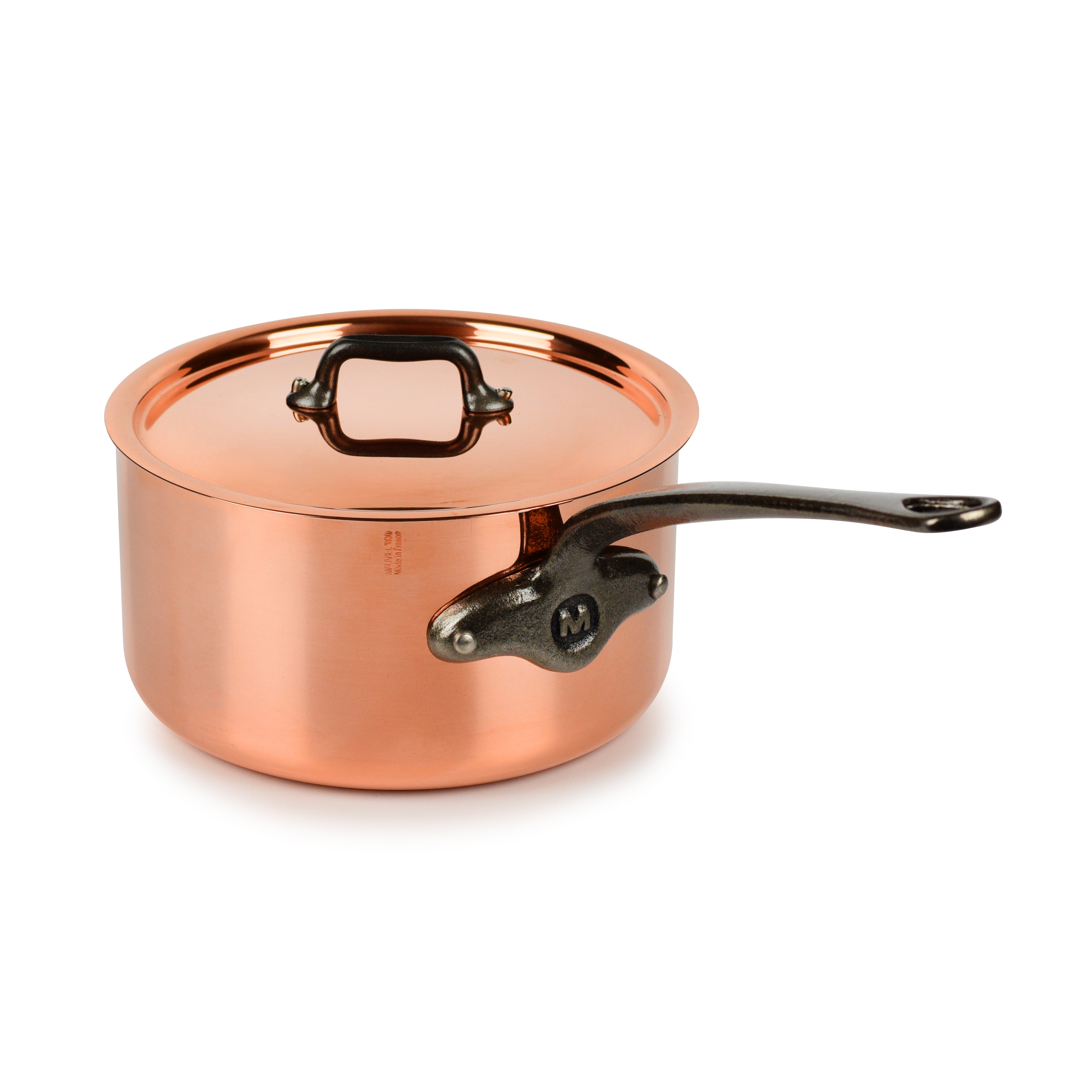 Mauviel M200Ci copper saucepan showcasing its elegant design and copper lid.