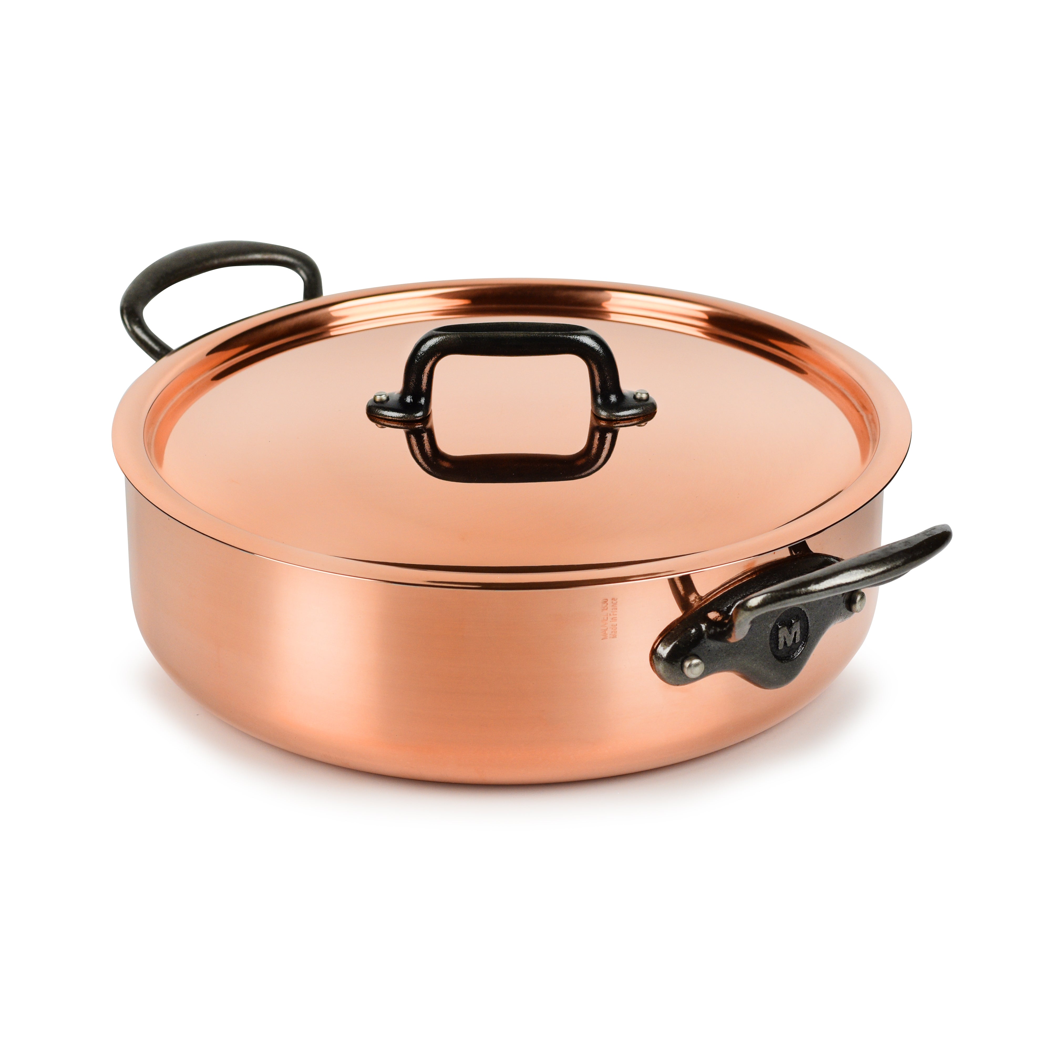 Top-down view of Mauviel M200Ci rondeau pan showing copper lid and cast iron handle