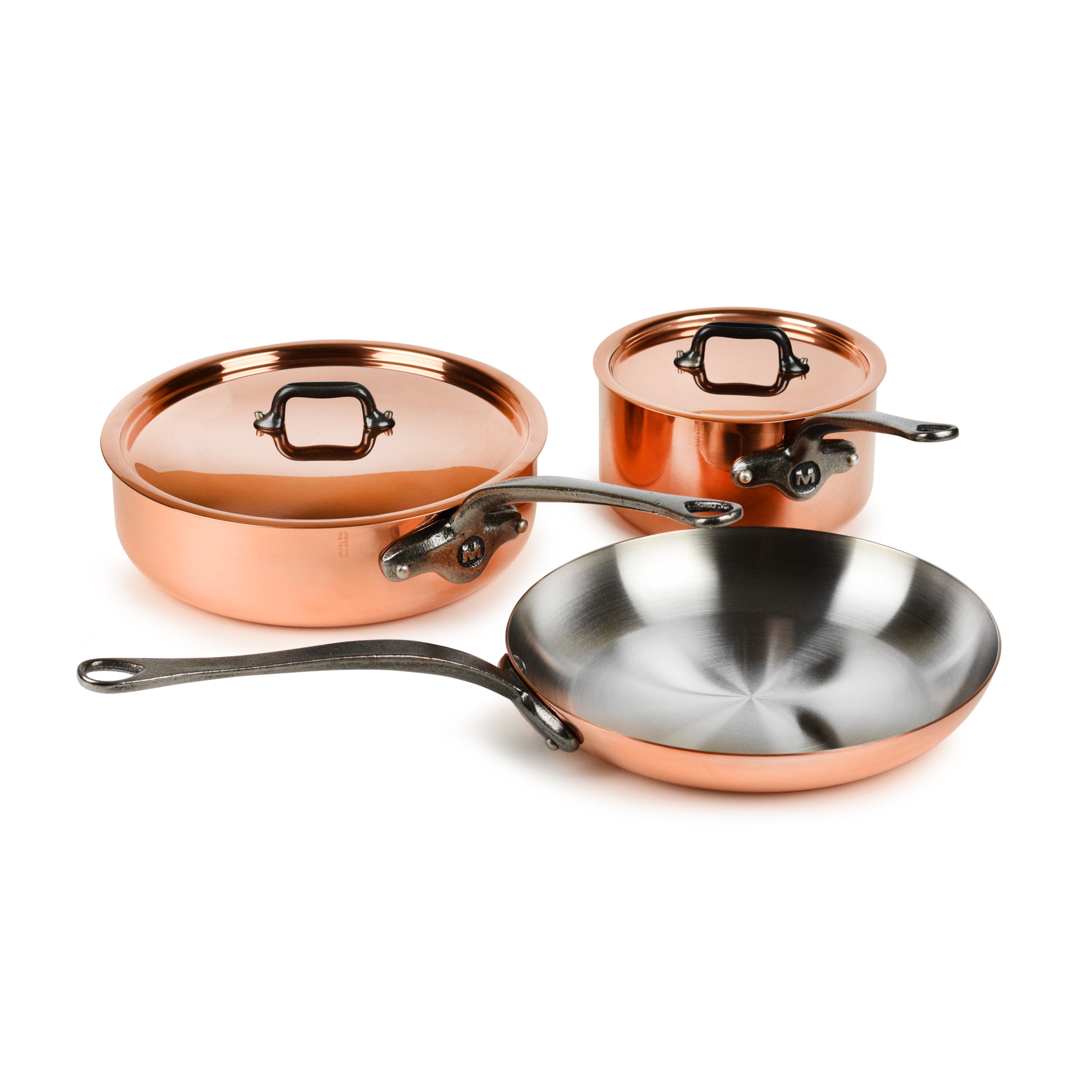 Mauviel M200Ci copper pots with polished finish and ergonomic handles