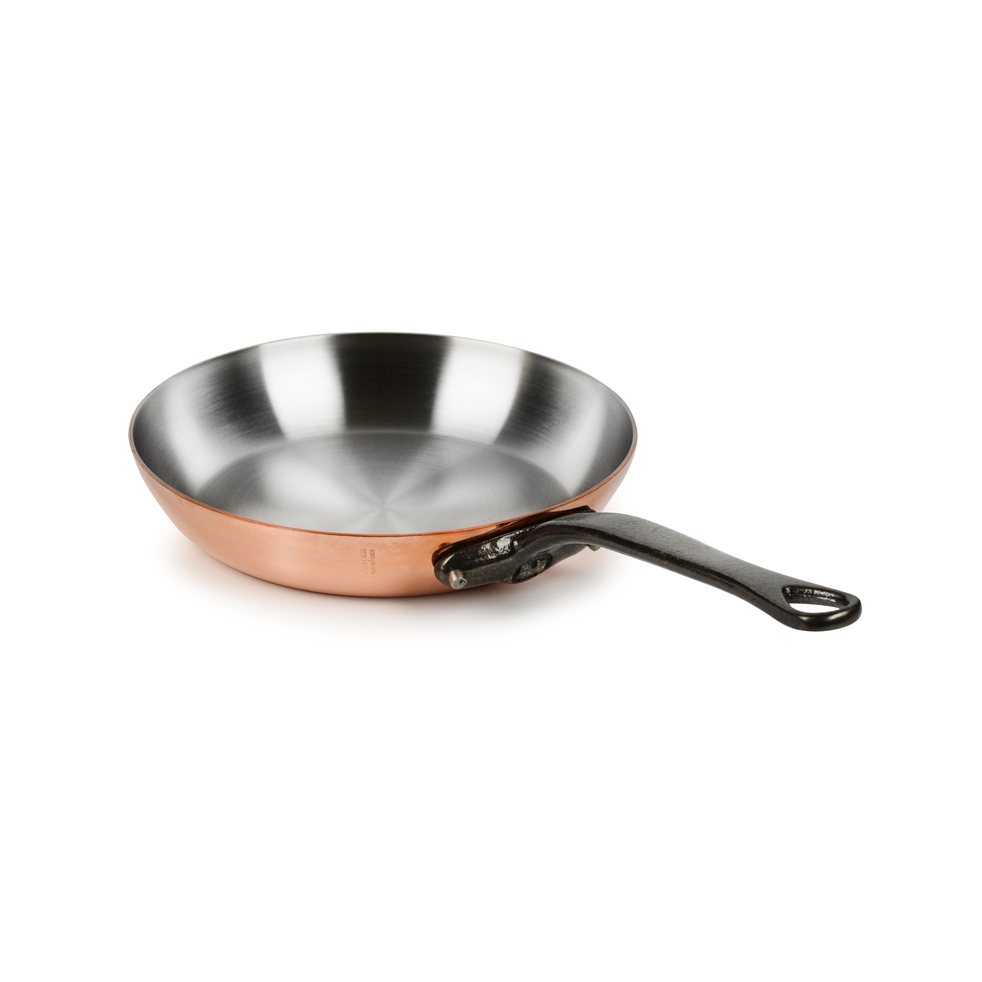 Front view of Mauviel M200Ci 8-inch copper skillet showing its polished copper surface