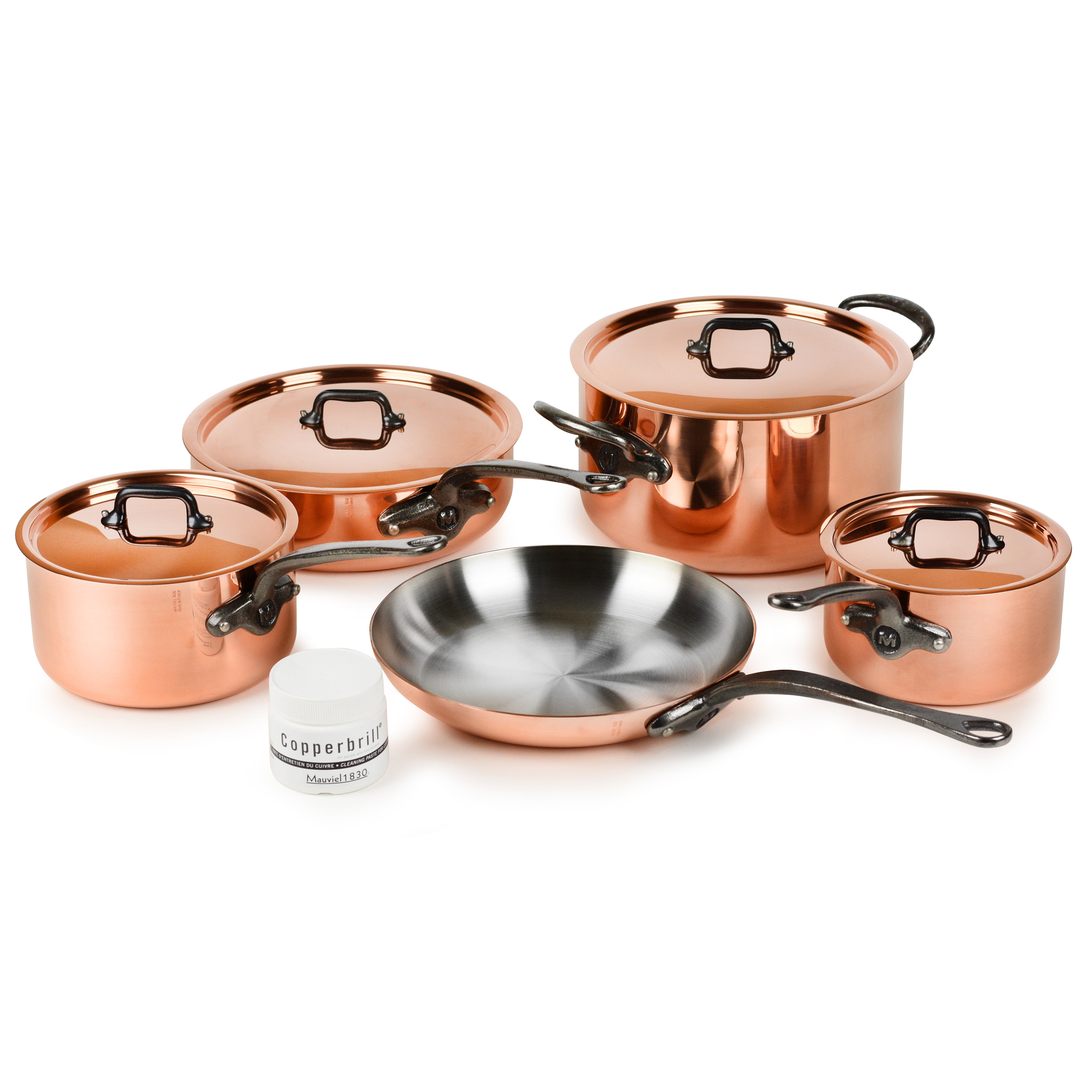 Mauviel M200Ci Copper Cookware Set showcasing the 9 pieces with shiny finish and sturdy handles.