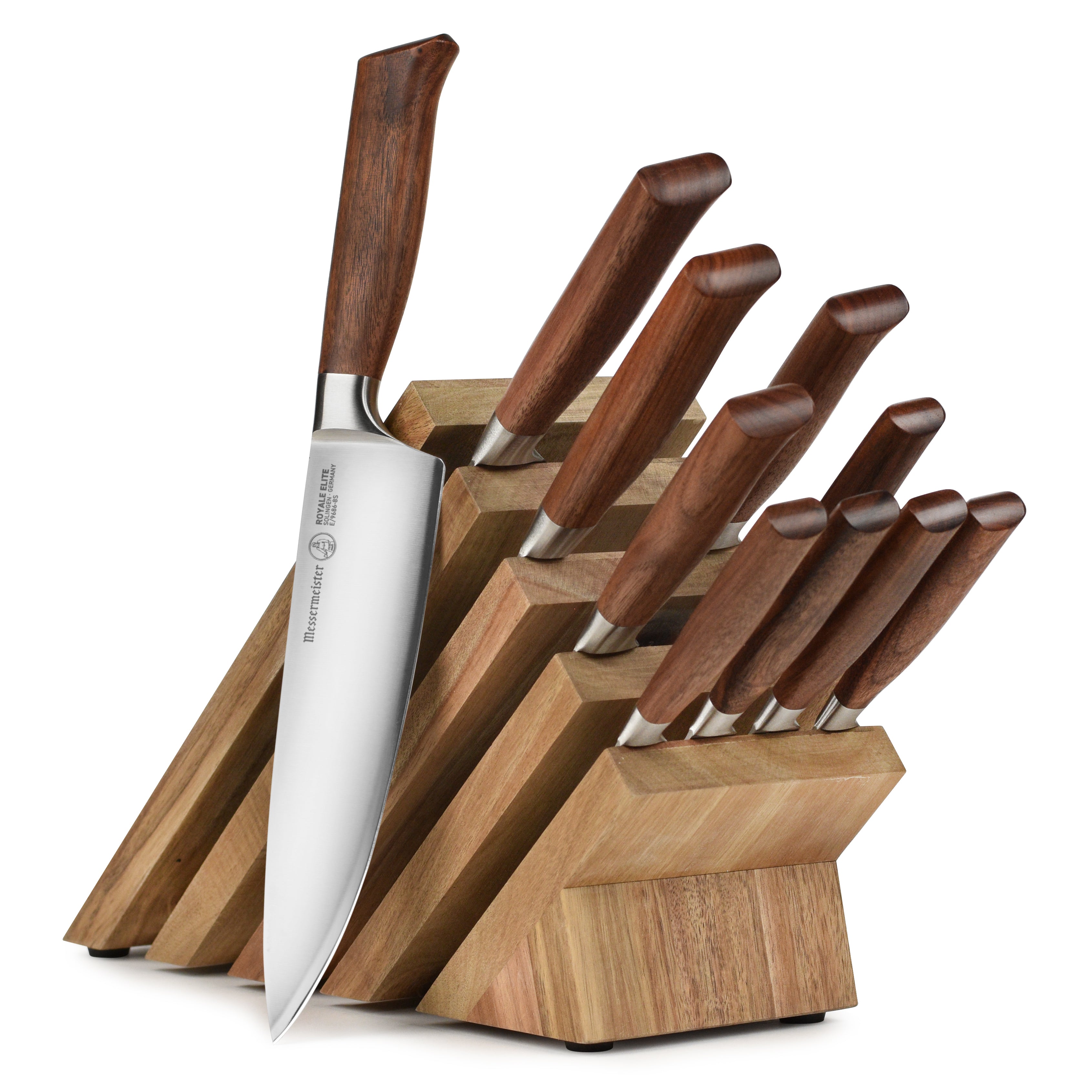 Elite German knife block set showcasing the full array of kitchen knives from various angles.