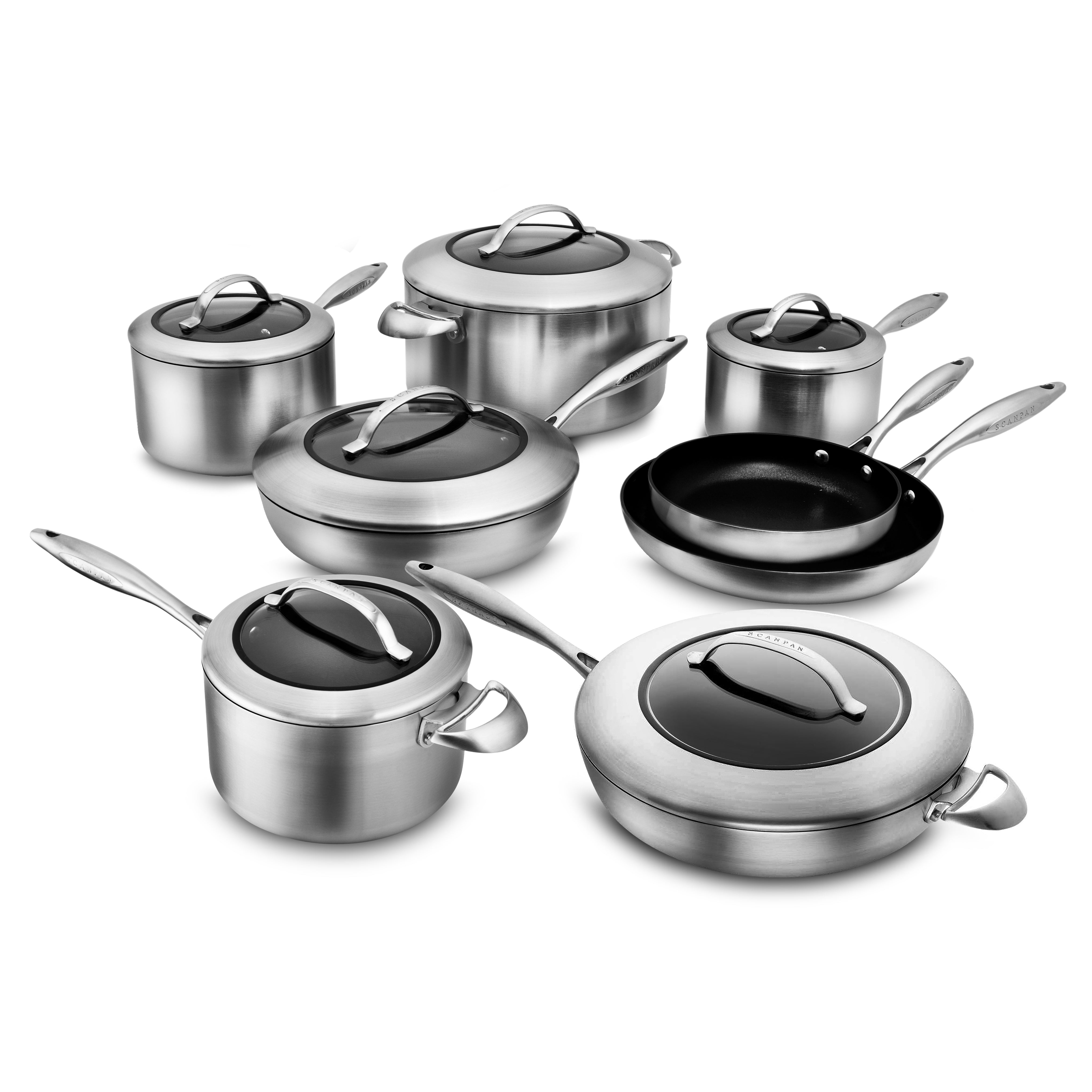 Angle shot of the Elite 14-Piece Stainless Steel Nonstick Cooking Set showcasing the sleek design and durability.