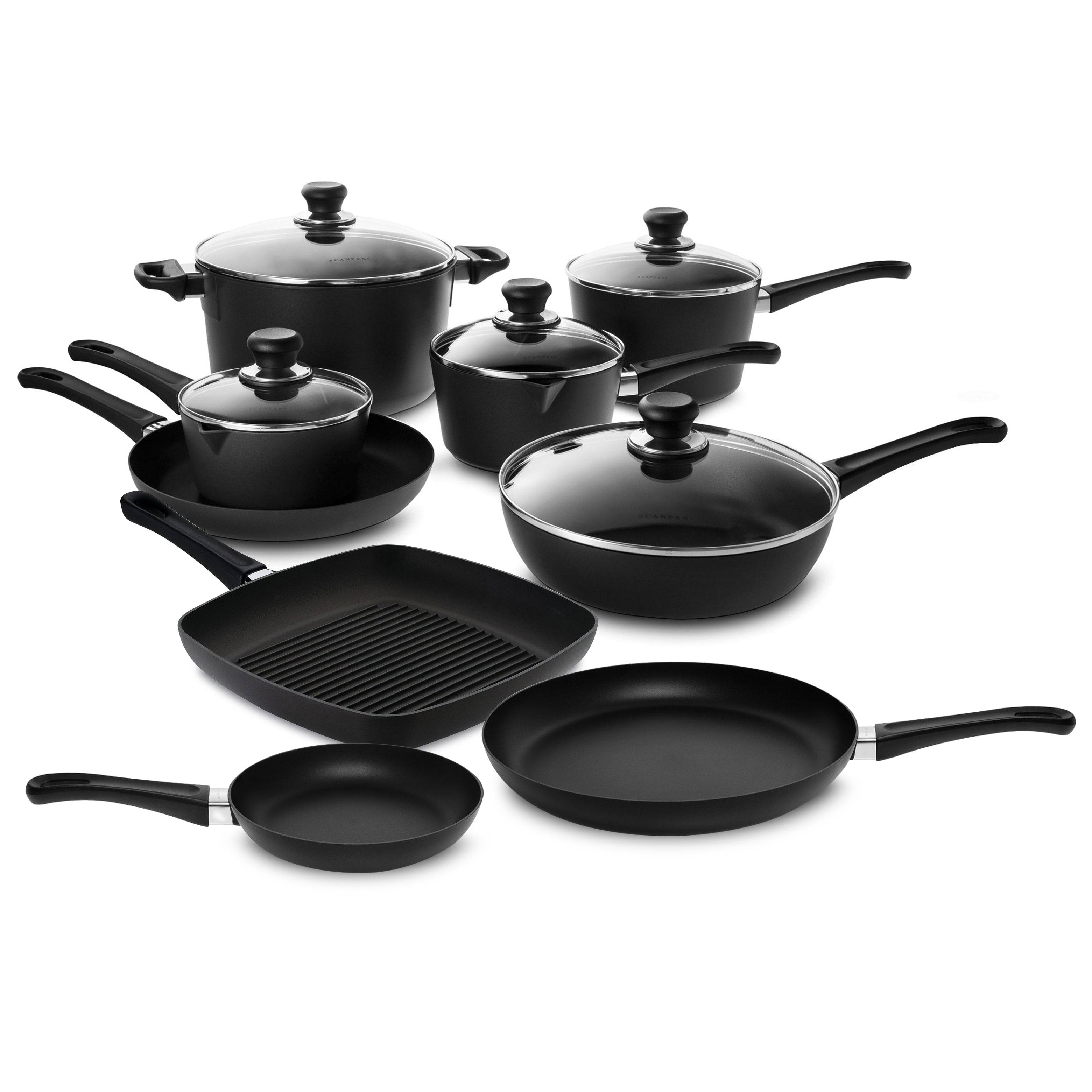 Scanpan Classic 14-piece nonstick cookware set on a modern kitchen counter, showcasing the sleek design and glass lids