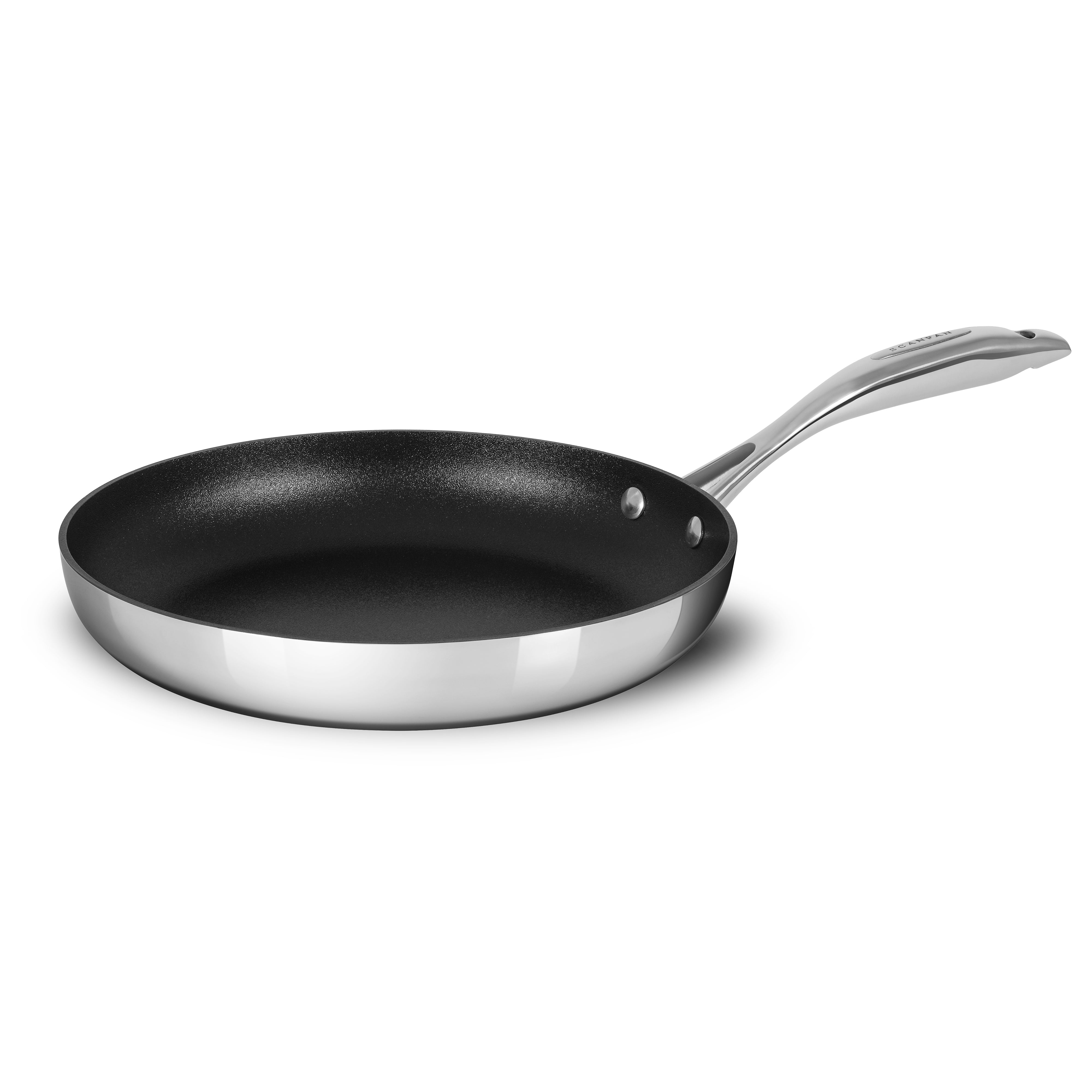 Close-up of the Scanpan HaptIQ stainless steel nonstick fry pan handle and shiny exterior