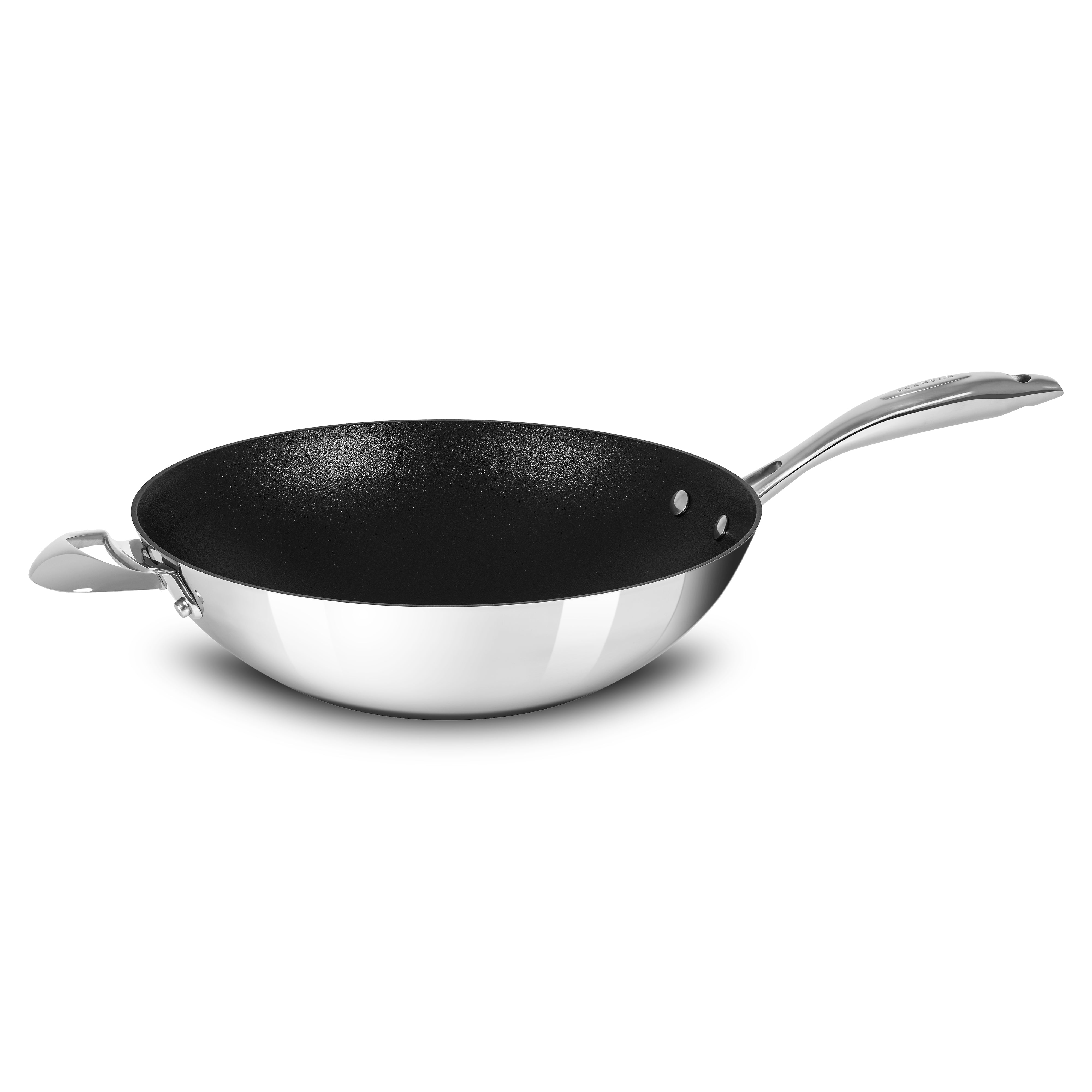 Close-up of the Premium Stainless Steel Nonstick Wok showcasing the Stratanium+ nonstick coating and polished finish.