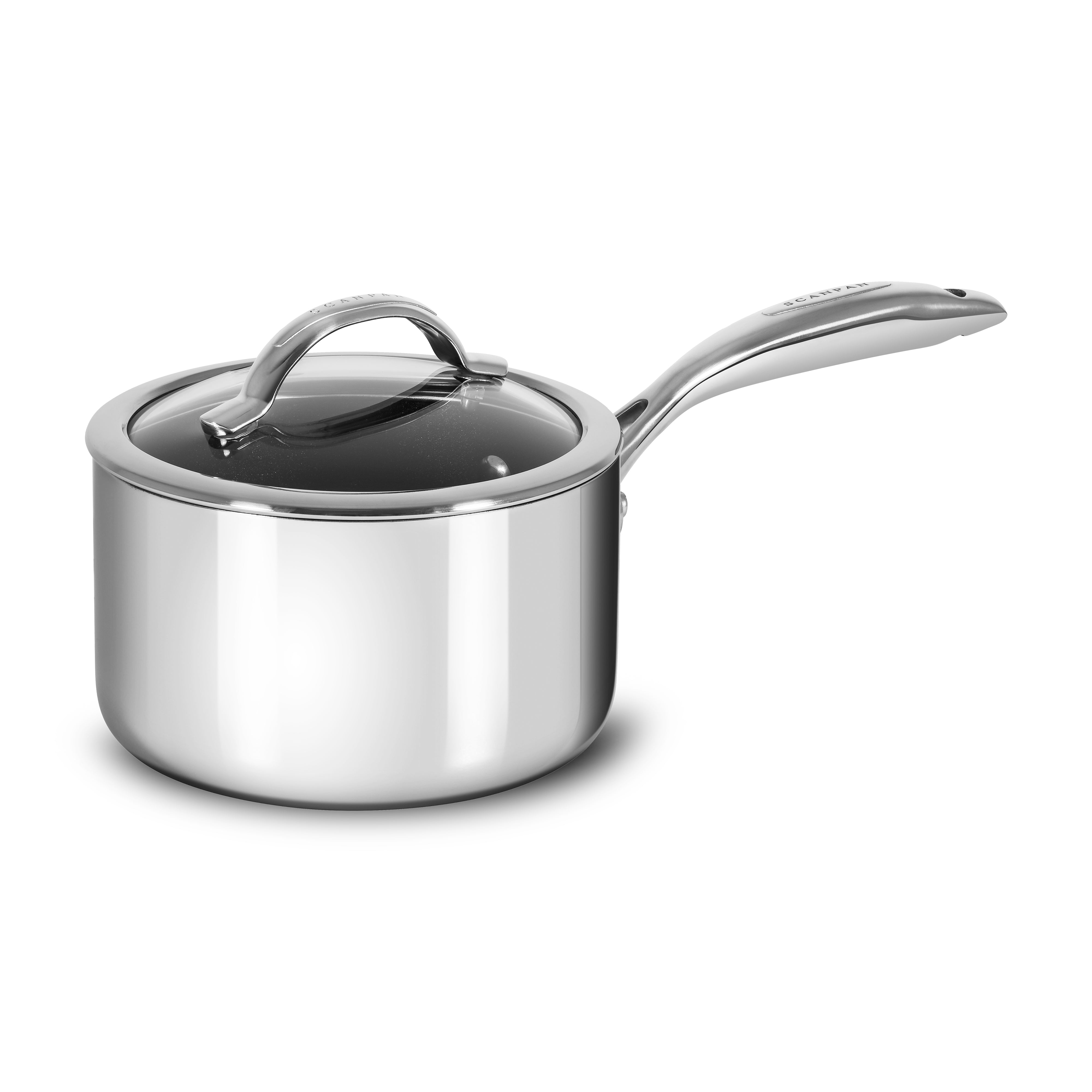 Side view of the HaptIQ Pro 2-Quart Induction-Ready Stainless Steel Saucepan showcasing its sleek mirror finish.