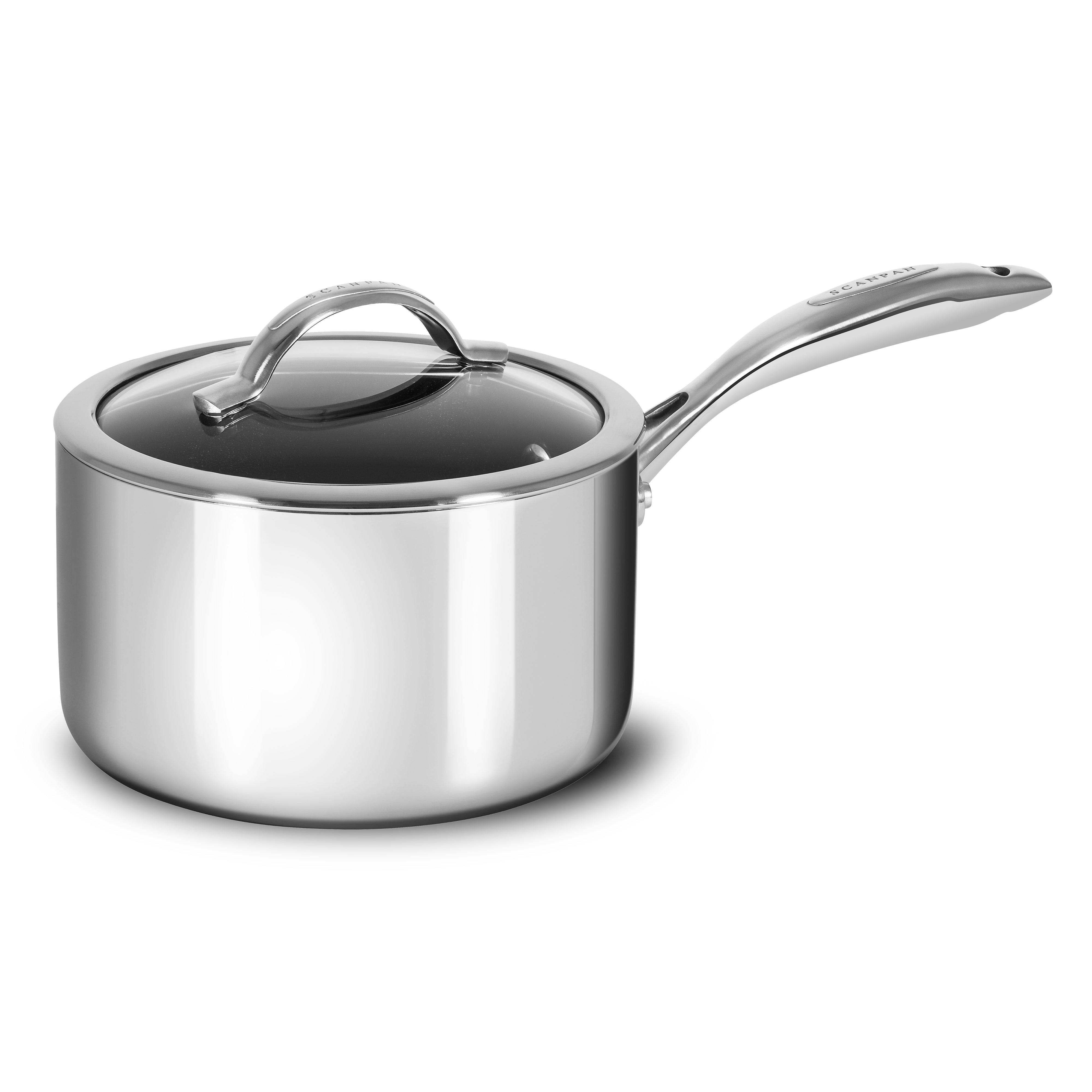 HaptIQ Premium Stainless Steel Nonstick Saucepan showcasing its sleek design and glass lid.