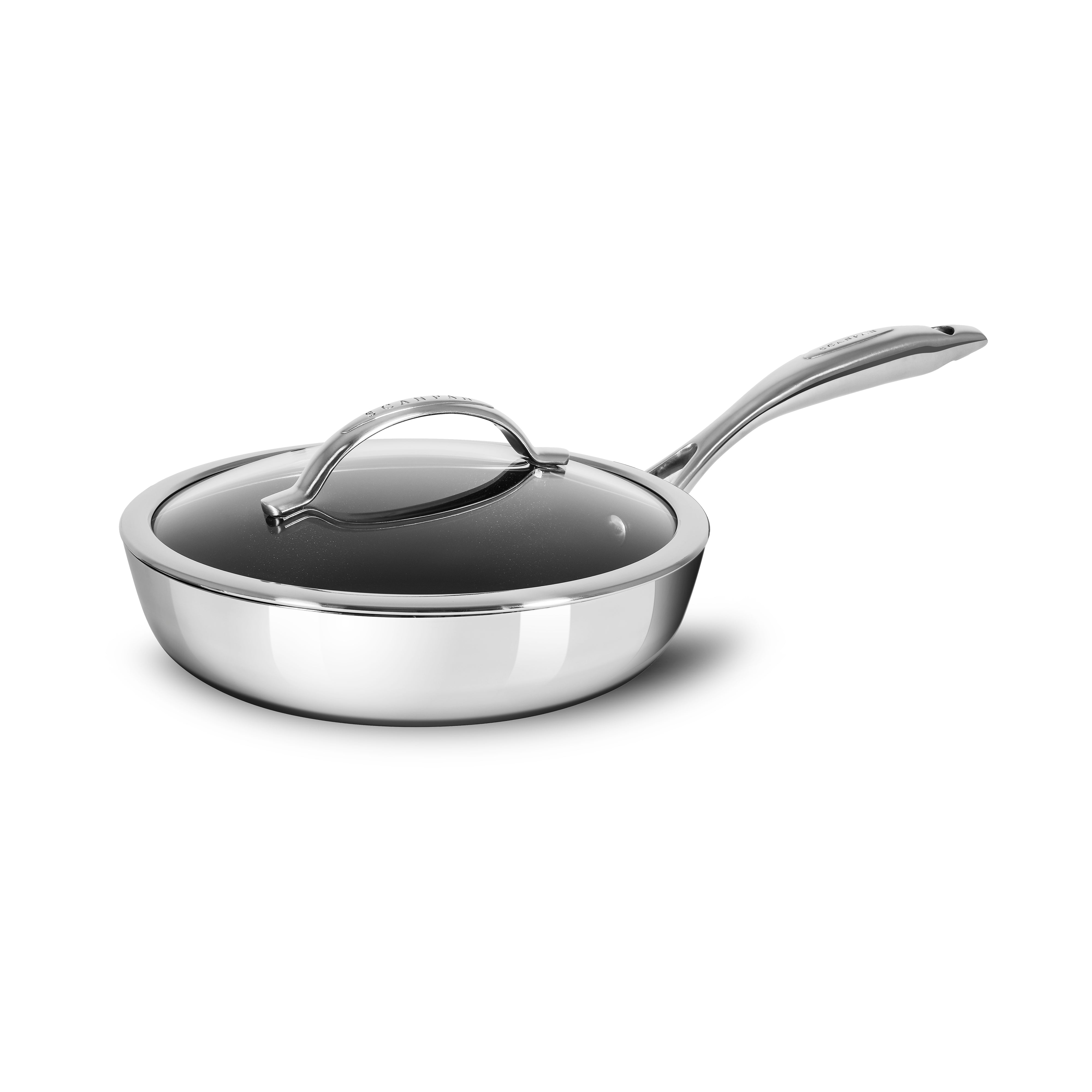 Premium induction saute pan with glass lid, showcasing its nonstick surface and durable stainless steel exterior.