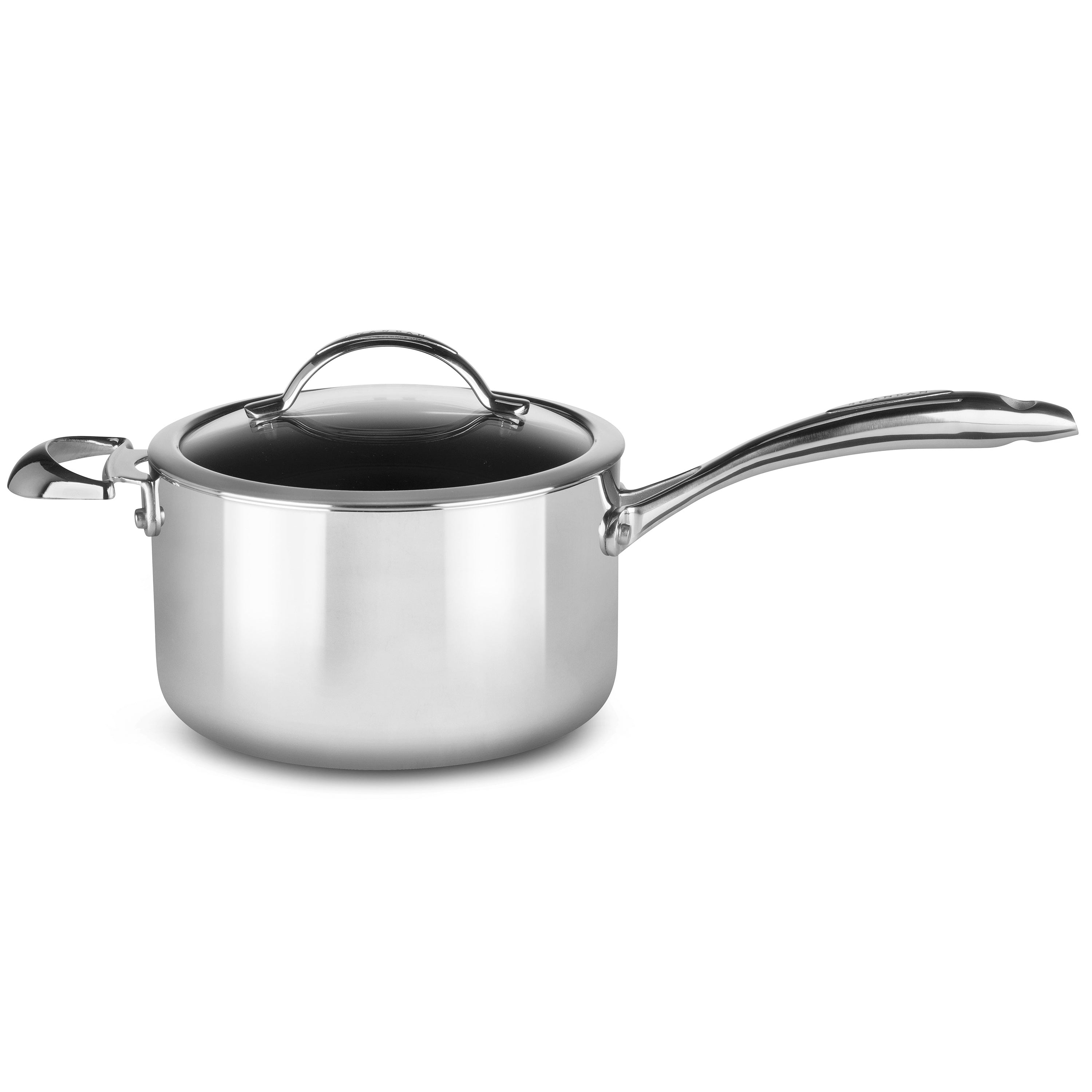 Close-up of stainless steel saucepan with nonstick interior and glass lid for even cooking