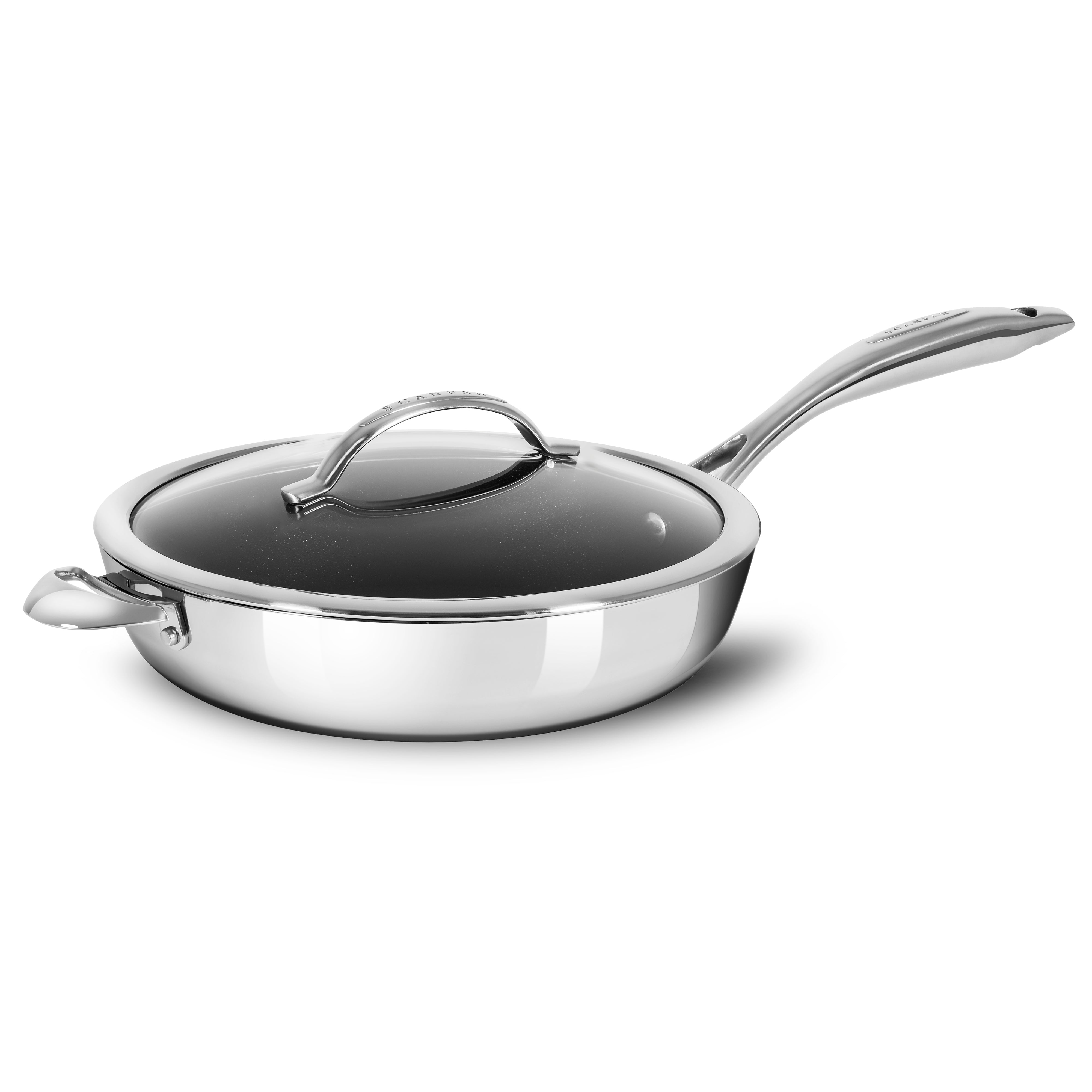 Close-up of the Scanpan HaptIQ stainless steel saute pan showing the nonstick surface and mirror finish