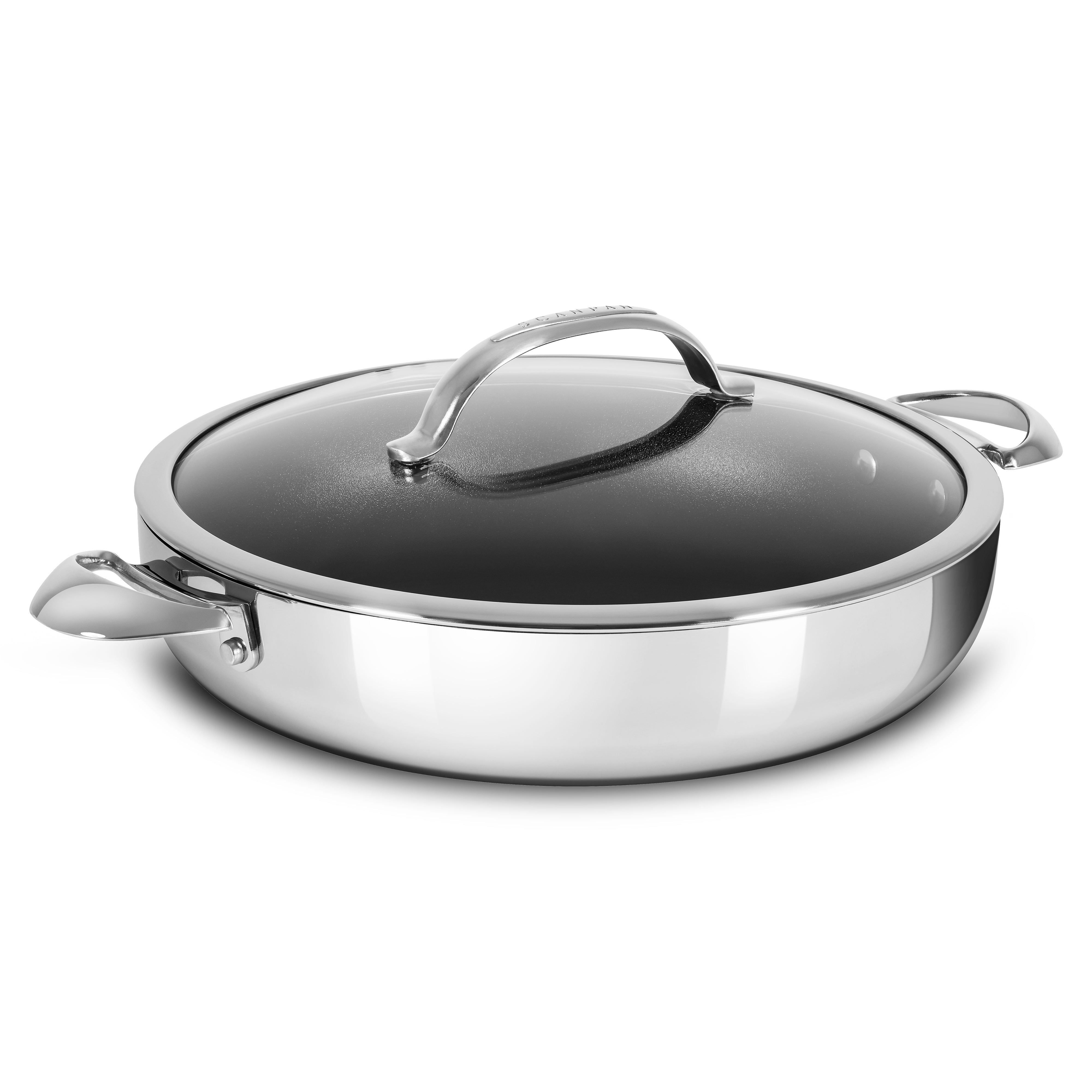 Angle view of the HaptIQ stainless steel nonstick braiser showcasing its sleek design.