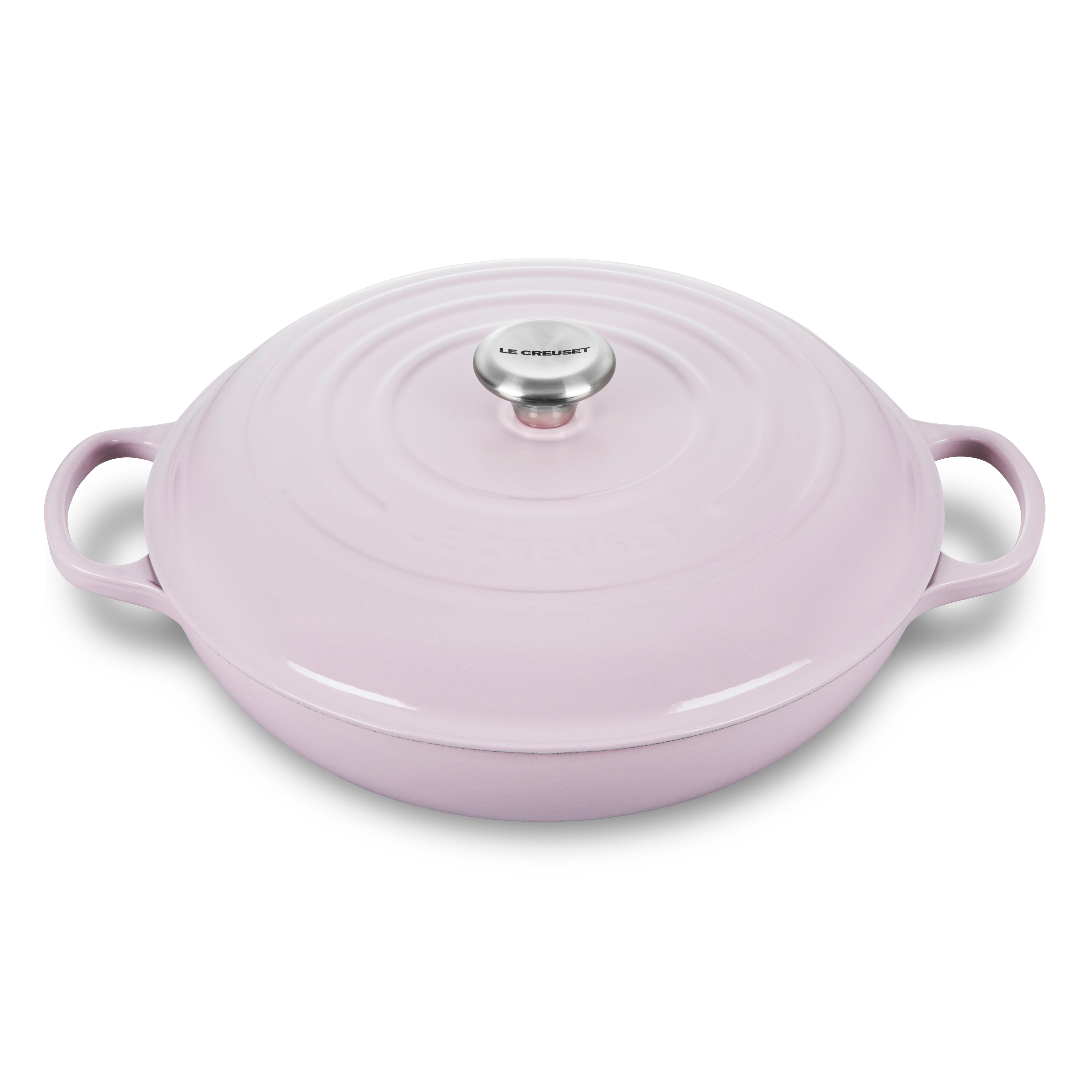 Close-up of the Signature Enameled Cast Iron Braiser with lid on, highlighting the color and texture.
