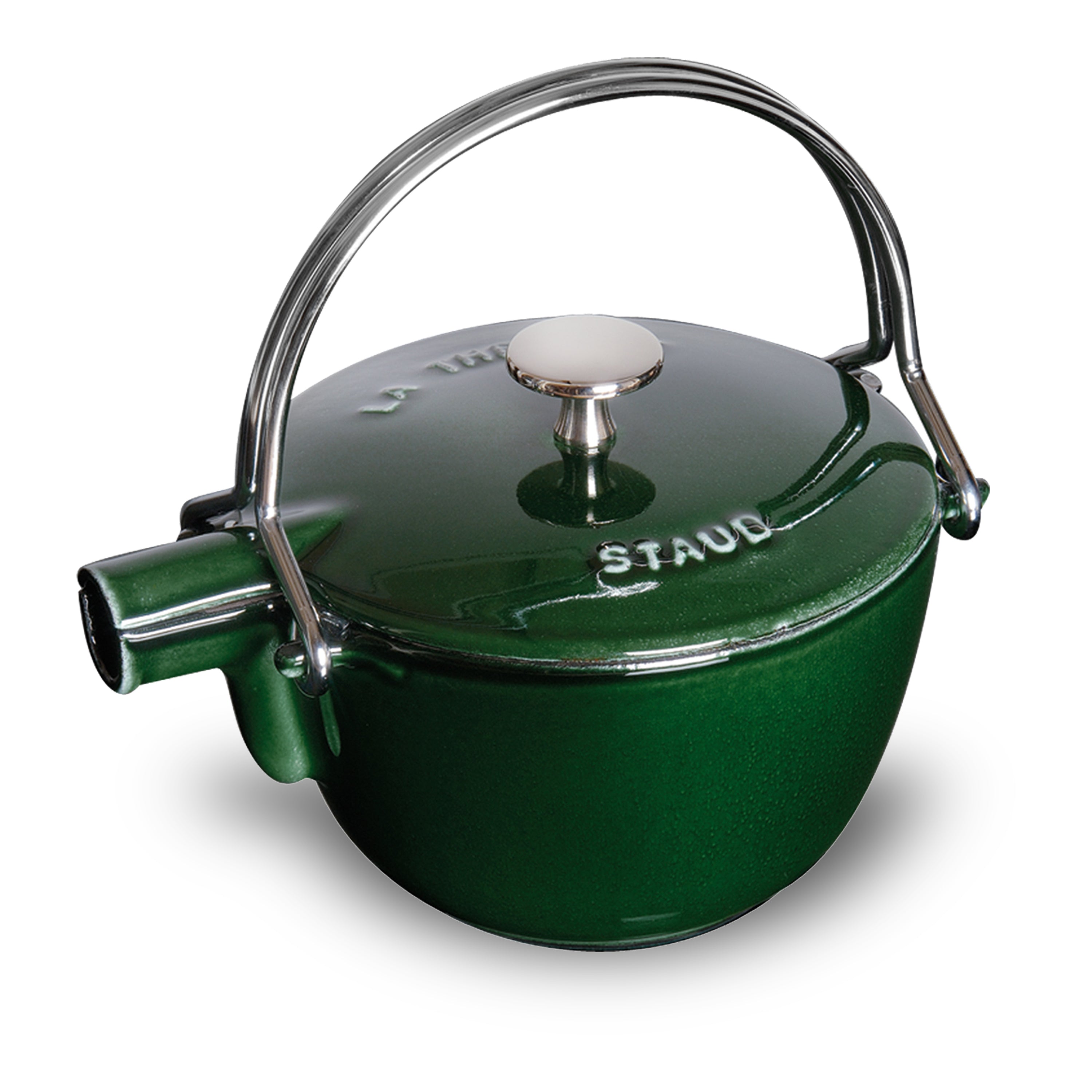 Overhead view of Staub Basil Green cast iron teapot with stainless steel infuser and nickel knob
