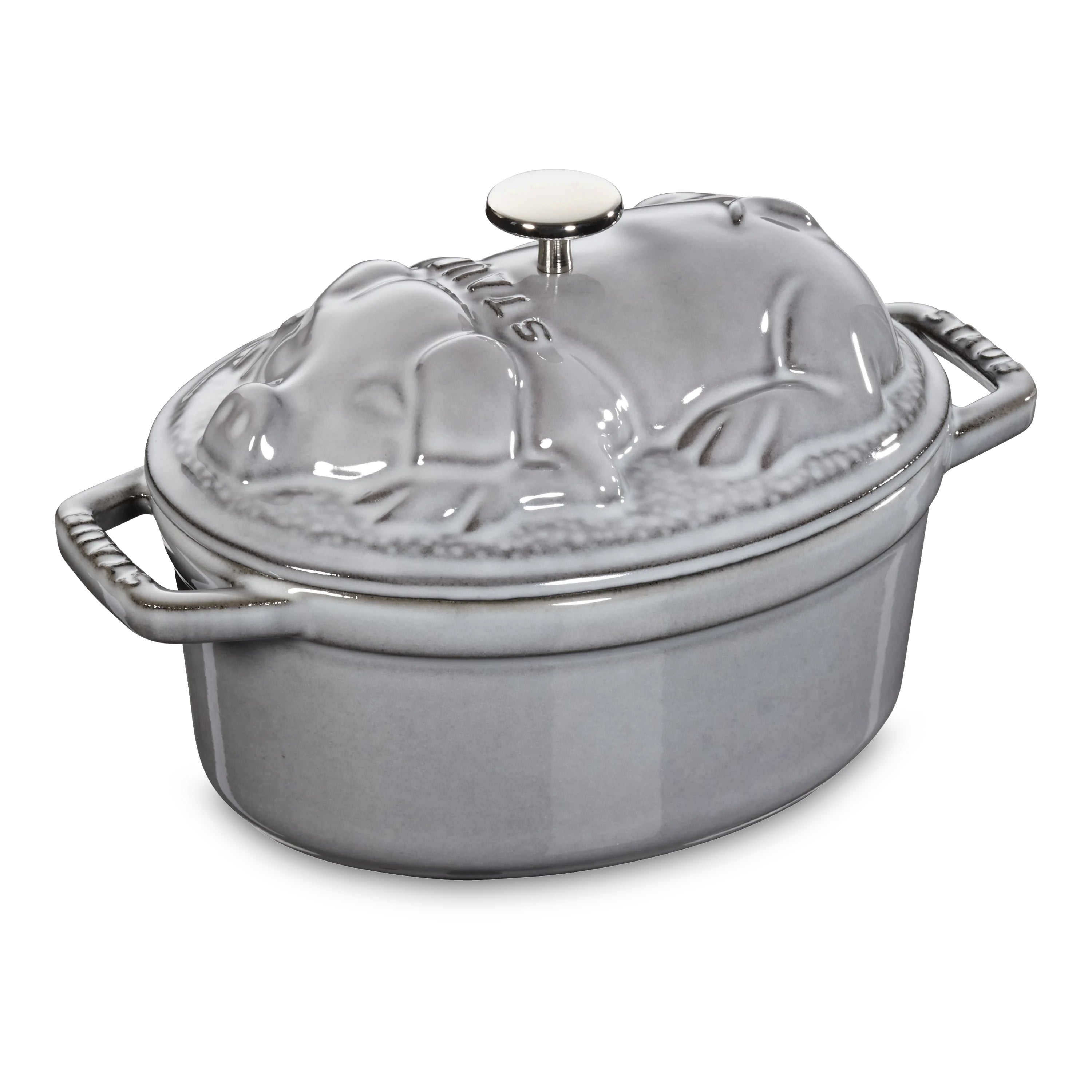 Front view of Staub Graphite Gray Pig Cast Iron Cocotte highlighting its sleek design and nickel-plated knob.