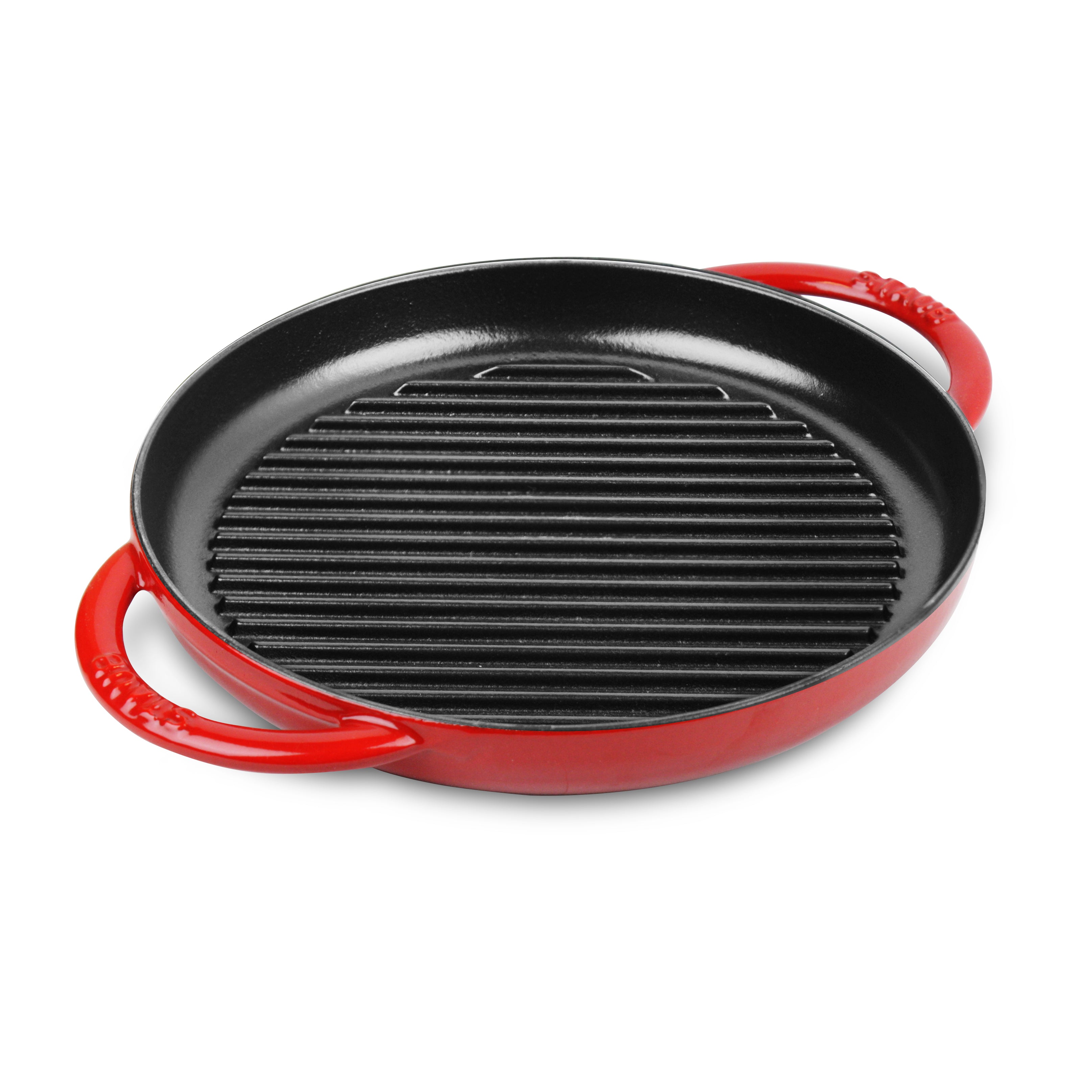 Close-up of the textured ridges on the enameled cast iron grill pan for even grilling
