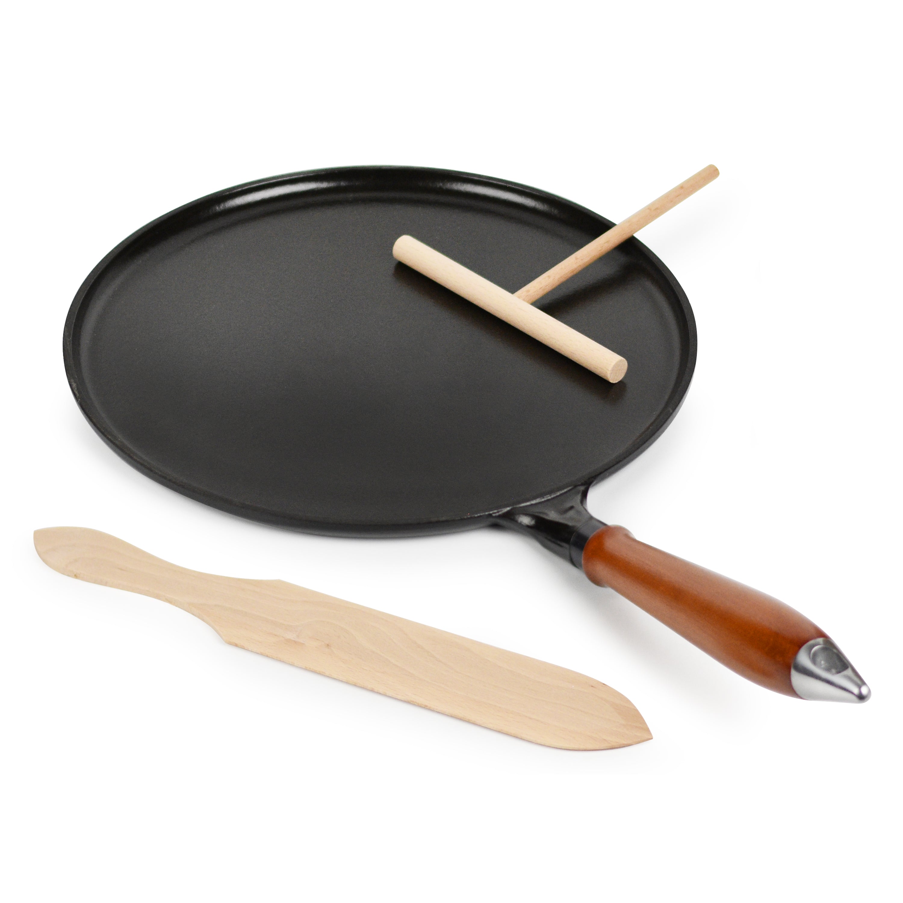 Close-up of the premium 11-inch enameled cast iron crepe pan with a textured black matte interior.
