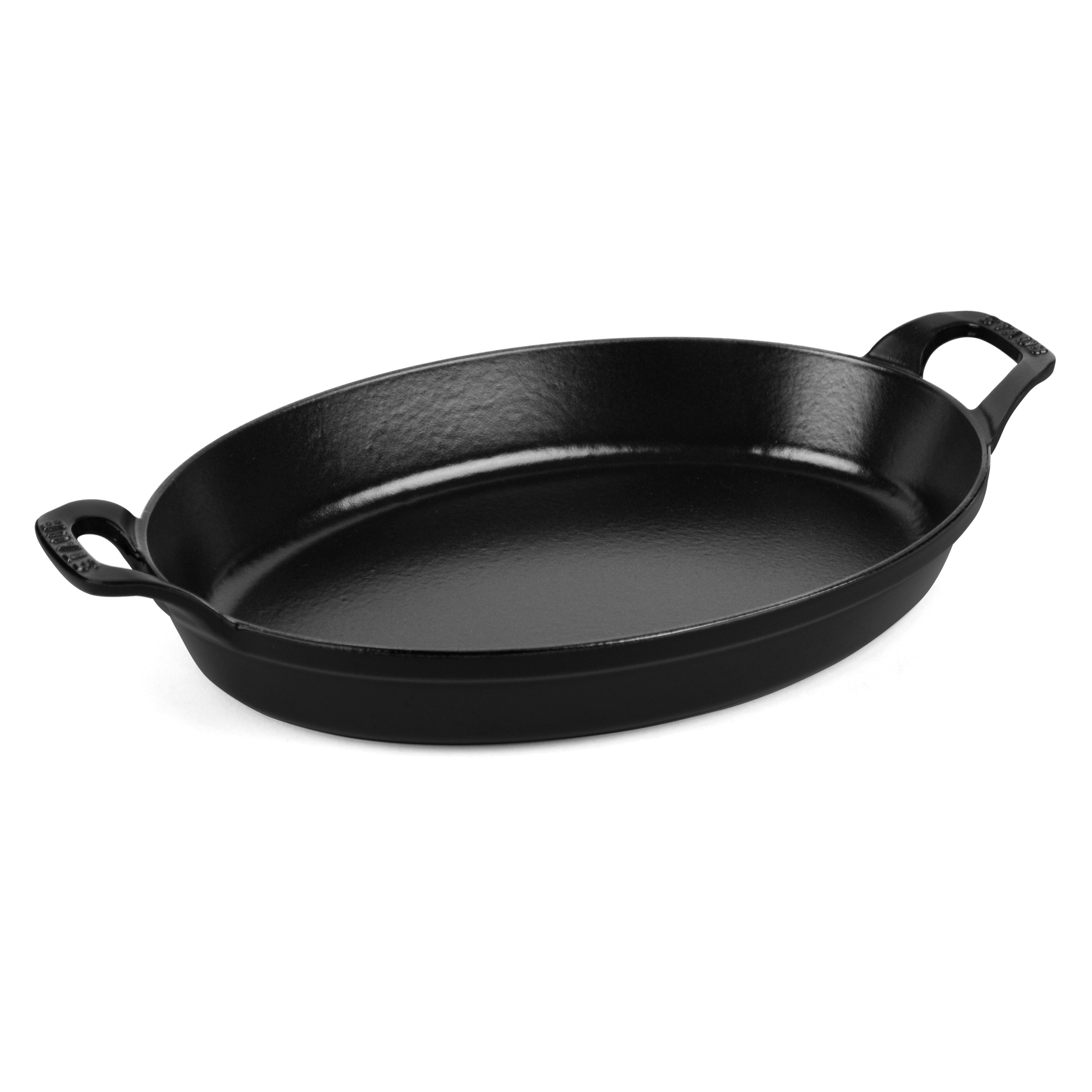 Premium enameled cast iron oval au gratin dish from a top angle, showcasing its matte black finish.