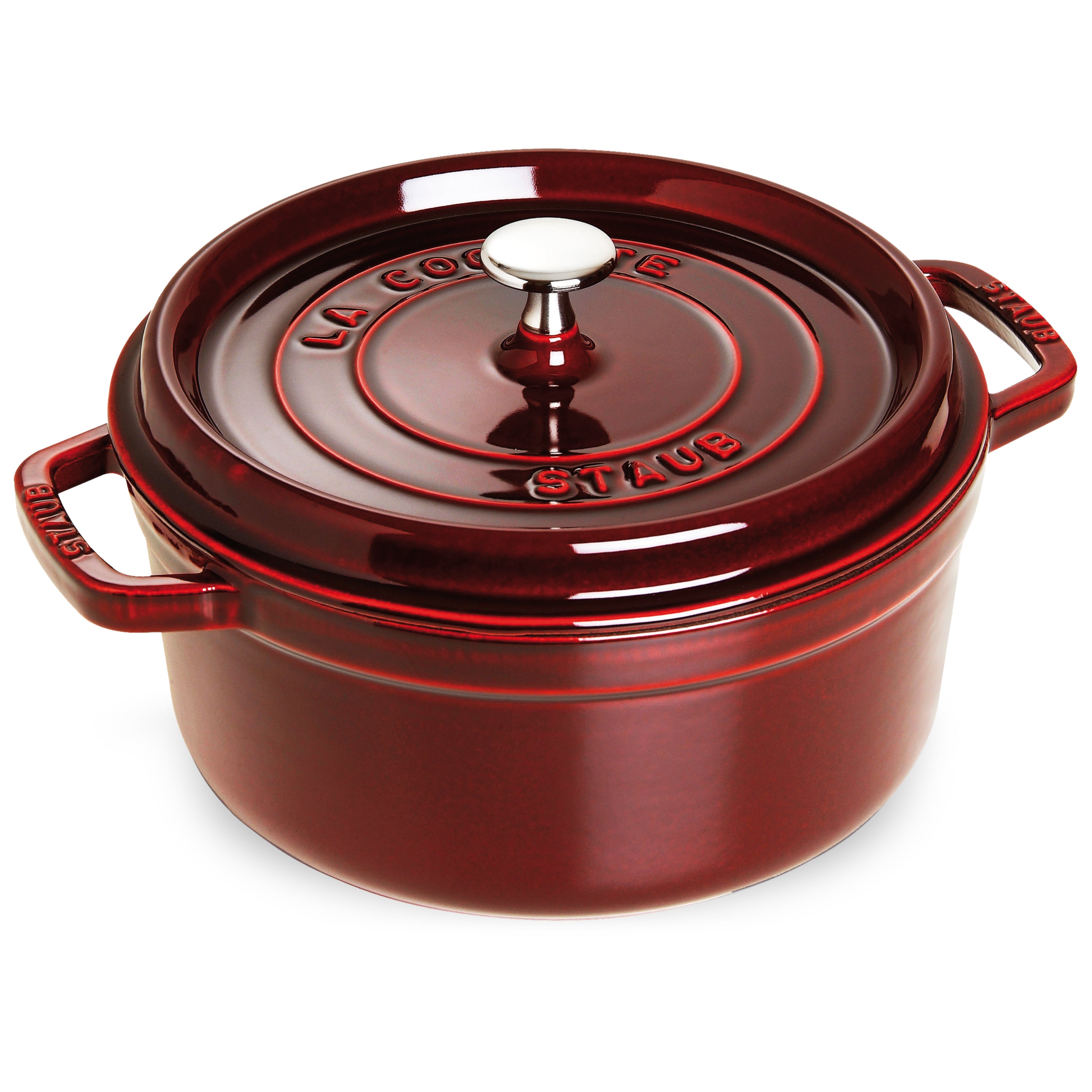 Staub 13.25-quart Grenadine Round Dutch Oven showcasing its vibrant color and elegant design.