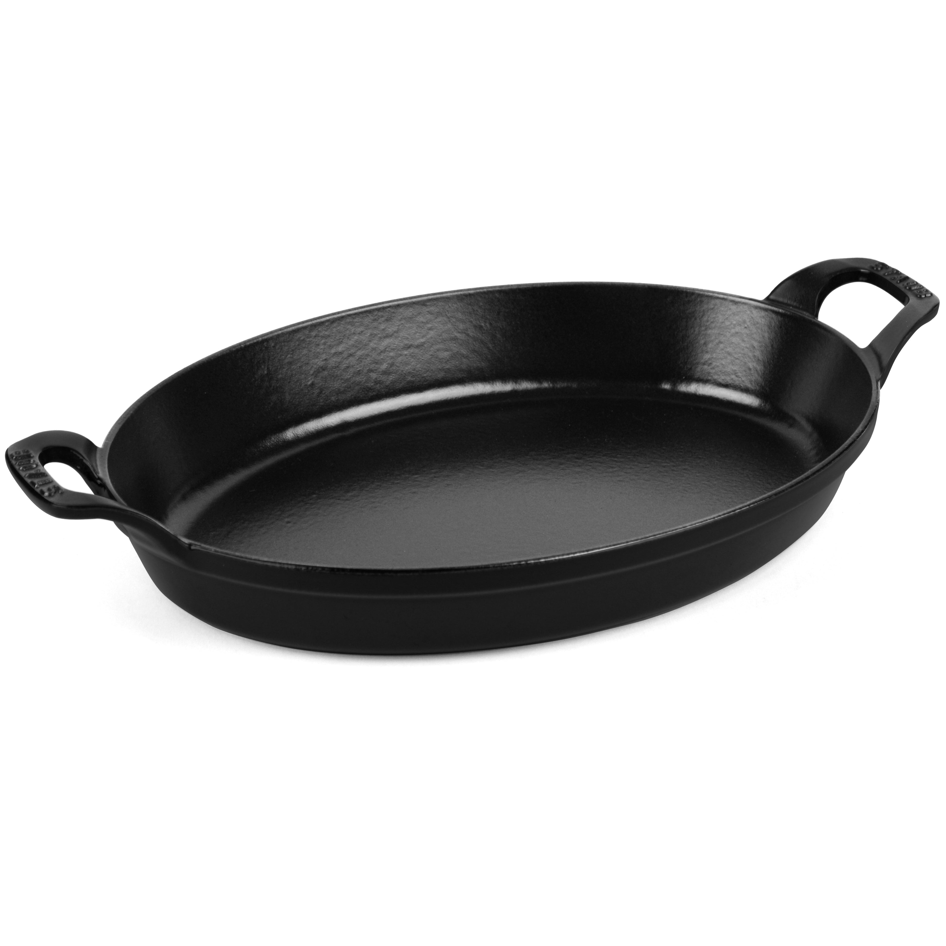 Close-up of black matte enamel interior of cast iron au gratin dish