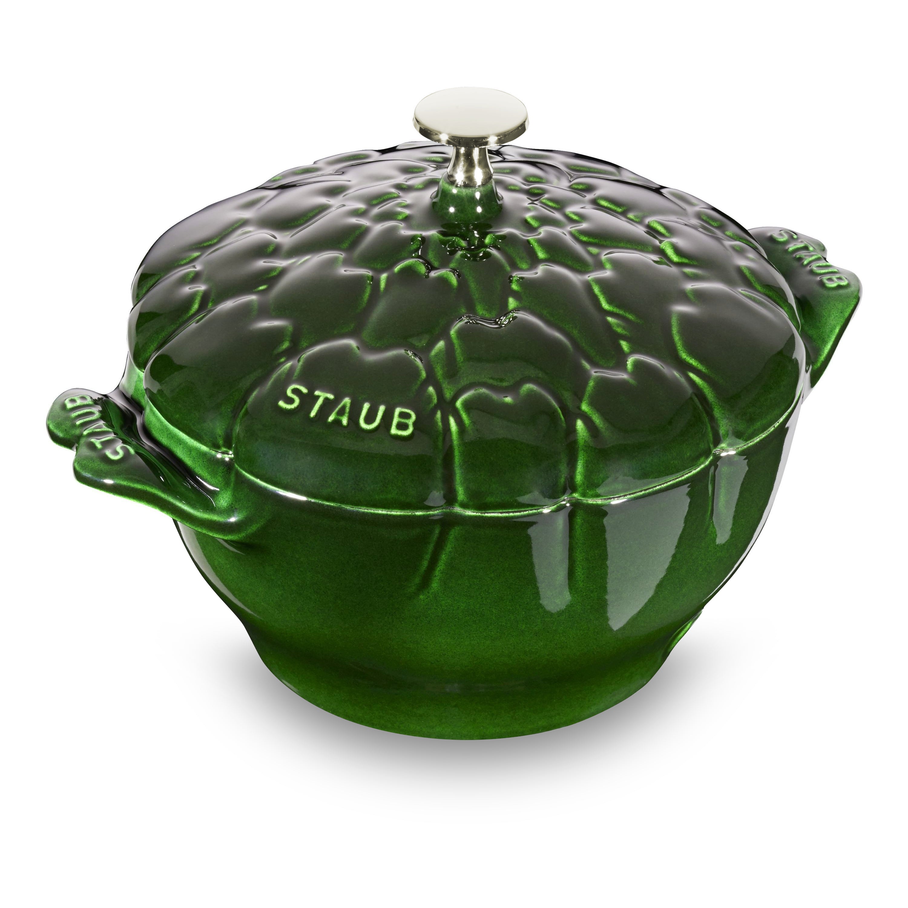 Basil Artichoke Staub Cocotte from above, highlighting its textured interior and lid.