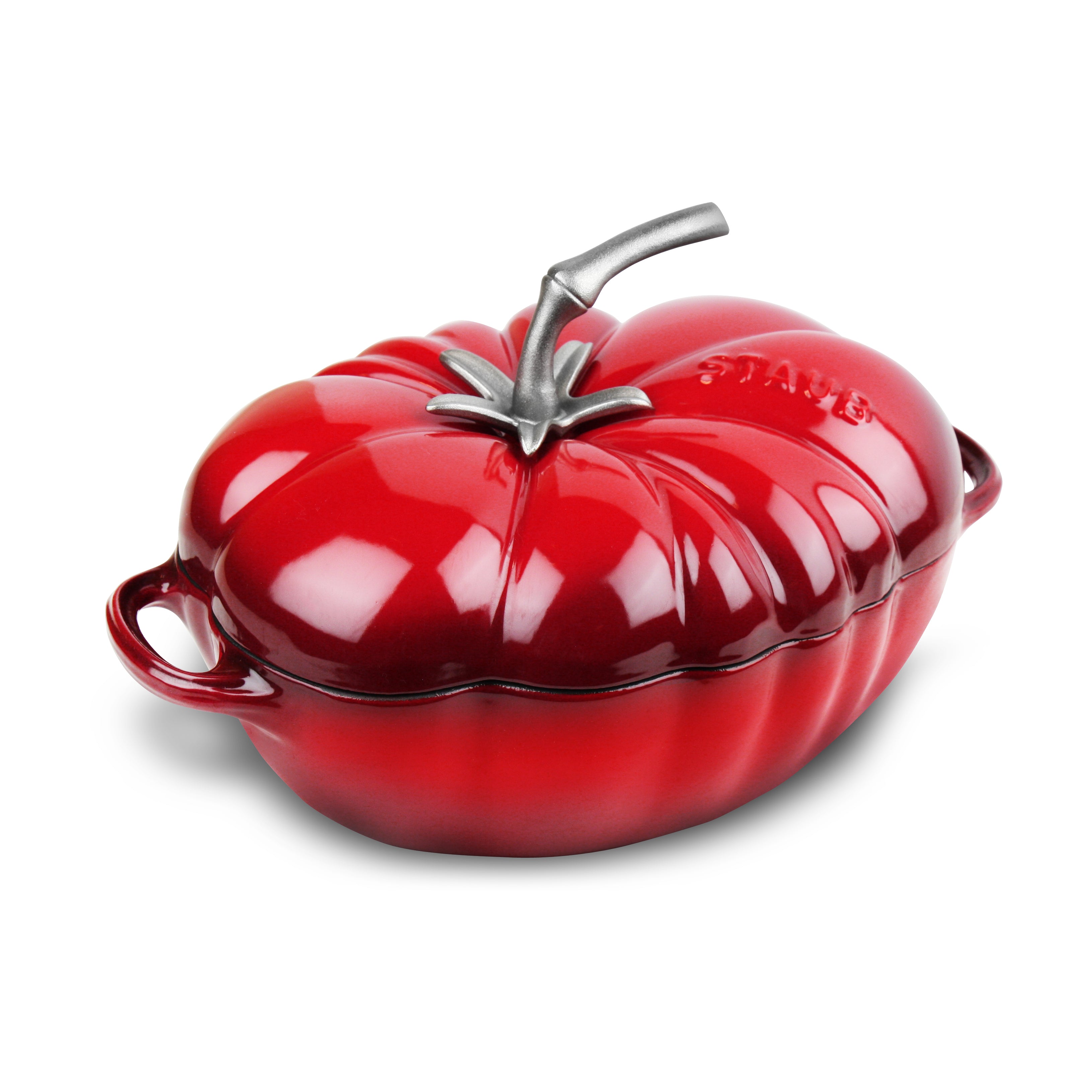 Cherry Red 3-Quart Cast Iron Tomato Cocotte from above, showcasing its vibrant color and design.