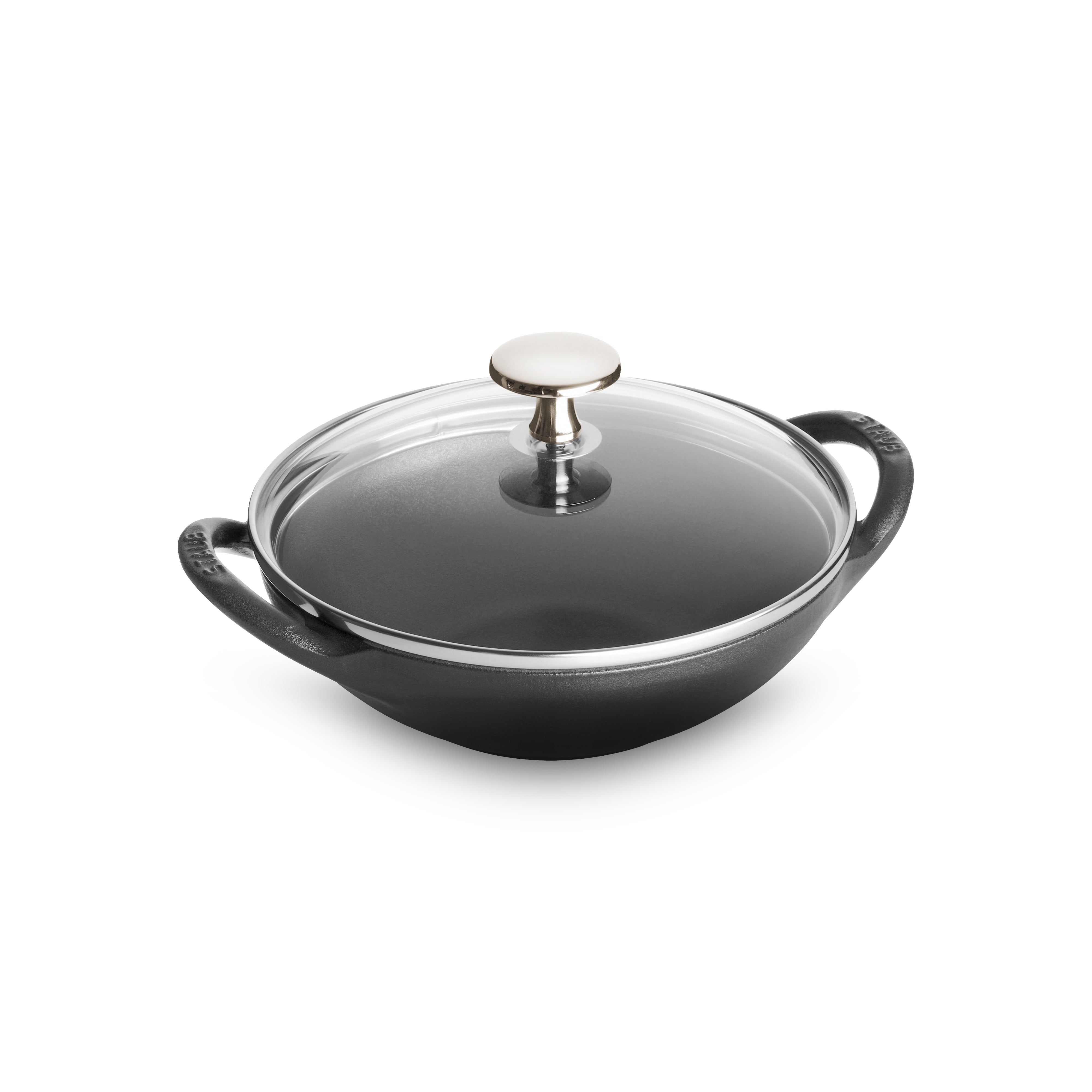 Premium enamel-coated baby wok with lid, showcasing the textured matte black interior and glass lid.